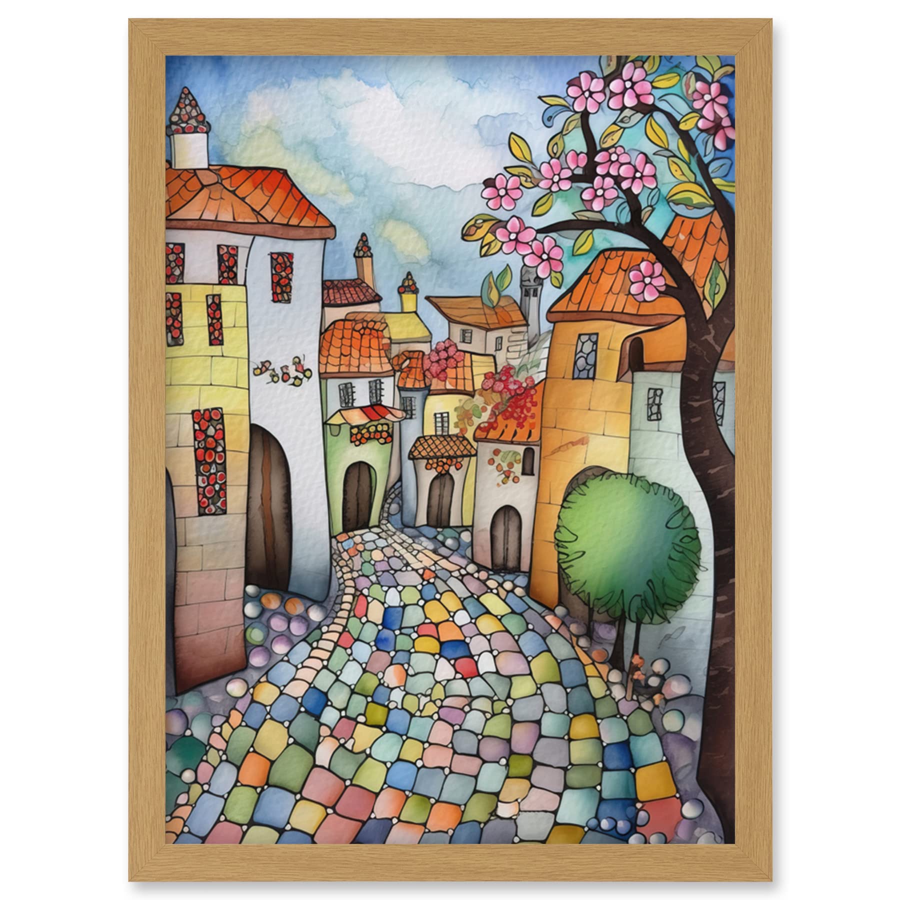 Artery8 Village Cobbled Street Cherry Blossom Folk Art Artwork Framed Wall Art Print A4