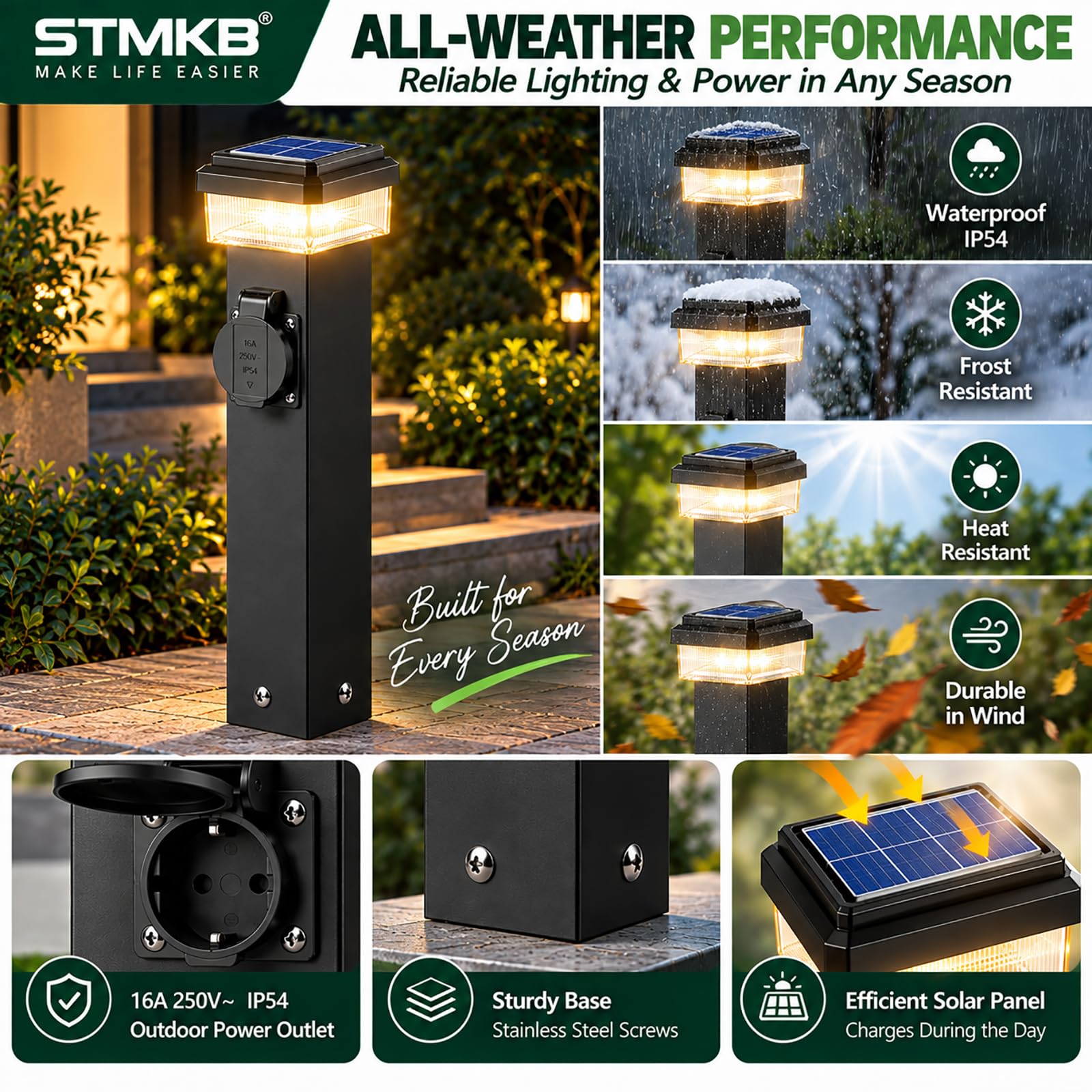 Poste De Luz Solar para Exteriores, 1 Toma De Corriente, Ip54, Resistente A La Intemperie, Pedestal Eléctrico para Jardín, Patio Y Paisajismo.