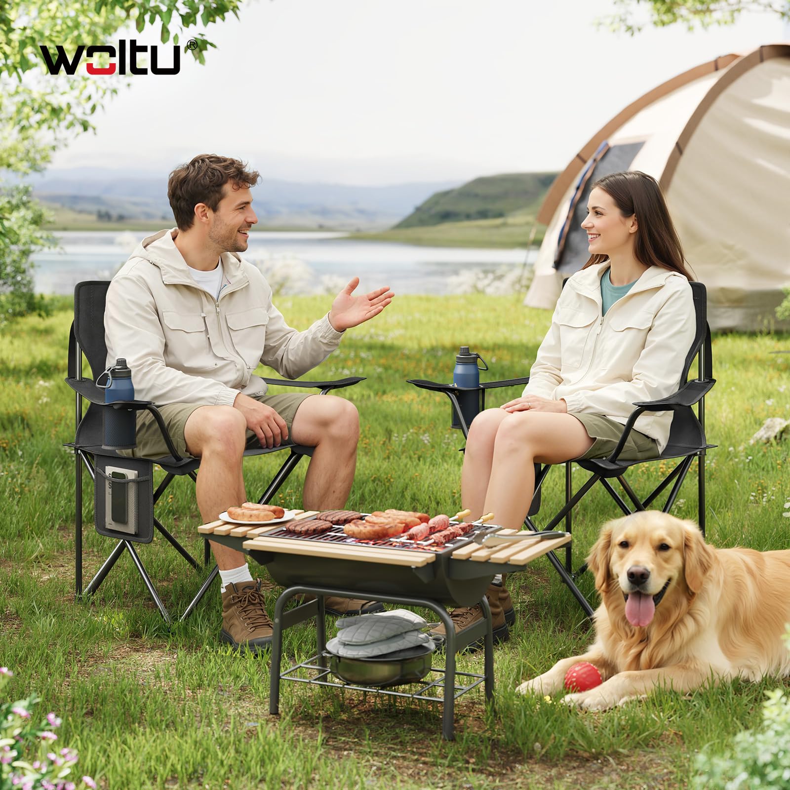 WOLTU 2X Sillas Camping Plegables con Respaldo, Sillas Pesca con Bolsillo Lateral y Portavasos, Tela Oxford, para Playa, Picnic y Terraza, Capacidad de Carga 120 kg,Negro
