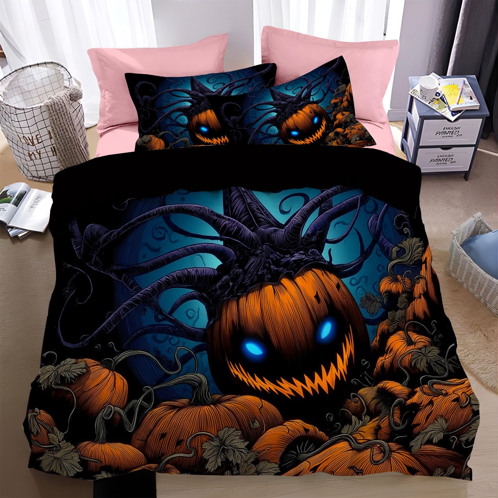 Housse de couette 220x240cm citrouille bleu foncé avec ses 2 taies d'oreiller 65x65 cm