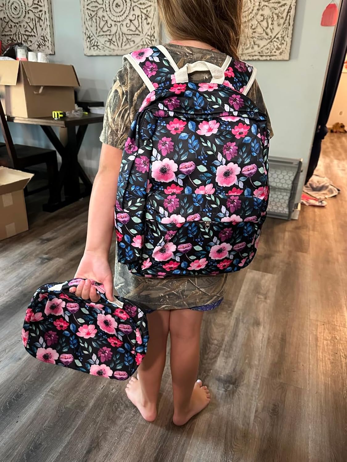 DSIUE Kids Backpack for Girls Elementary BookBags Teens Middle School Backpack with Lunch Box Flower Black