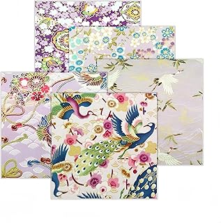 Fat Quarters Fabric Bundles, Japanese Purple Fabric 5 PCS 5 Designs,Kimono Peacock Cherry Blossom Red Crowned Crane Printed Sewing Fabrics Squares 19.6 x 15.8 Inch for Quilting Wrapping Cloth DIY