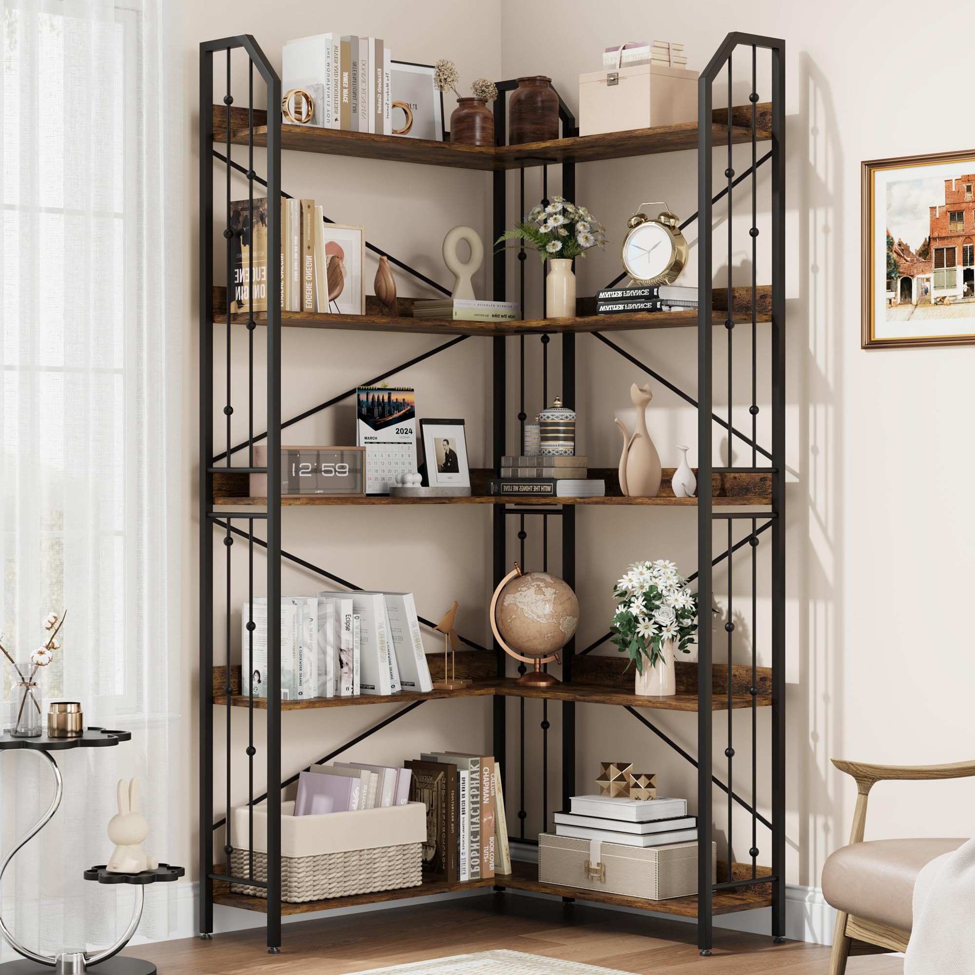 GarveeHome Corner Bookshelf 72" L Shaped Bookcase, Corner Bookshelves Industrial Bookcase 5 Tier L-Shape Bookshelf, Large Bookcases with Beaded Design