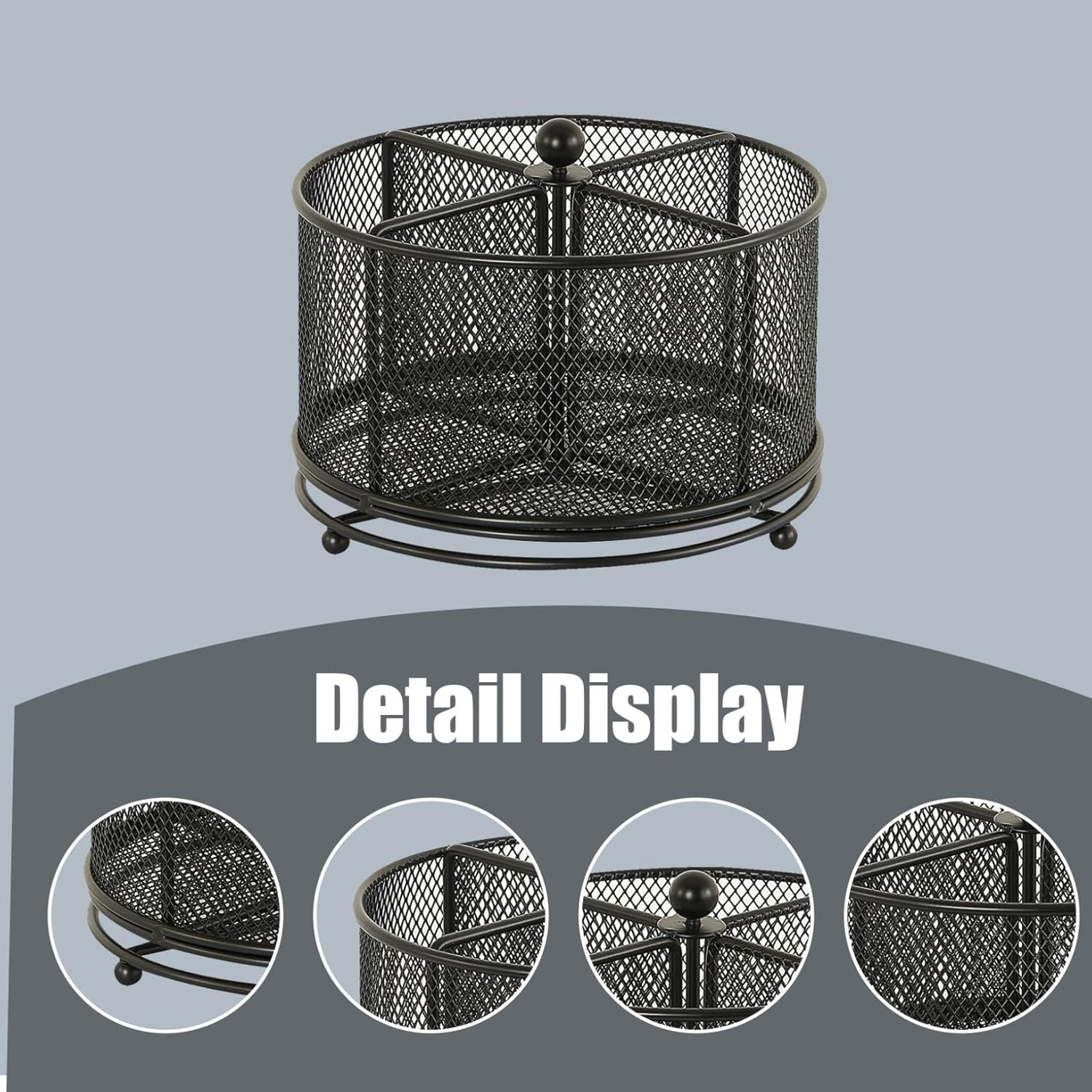 Pen Organizer, 360-Degree Rotating Desktop Organizer with 4 Compartments, 6.7x5 Black Iron Marker for Desk, Art Supply, Brush, Pencil..