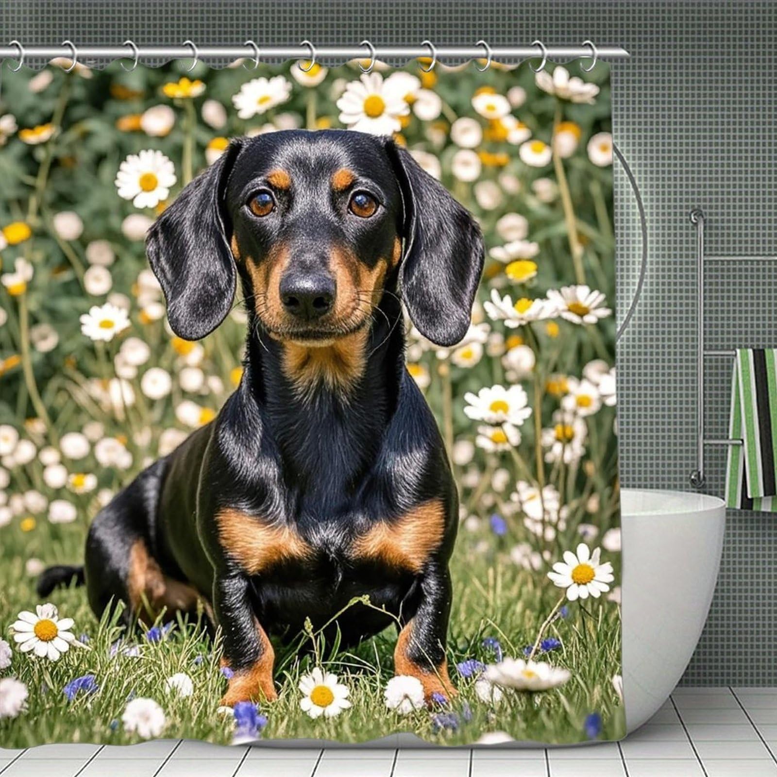 QMNLKH Pad Dachshund Shower Curtain with Hooks, Waterproof Bath Curtains for Bathroom, Lightweight Bath Curtains Liner for Hotel, Personalized Bath Curtain for Spa, 70.8 Inch