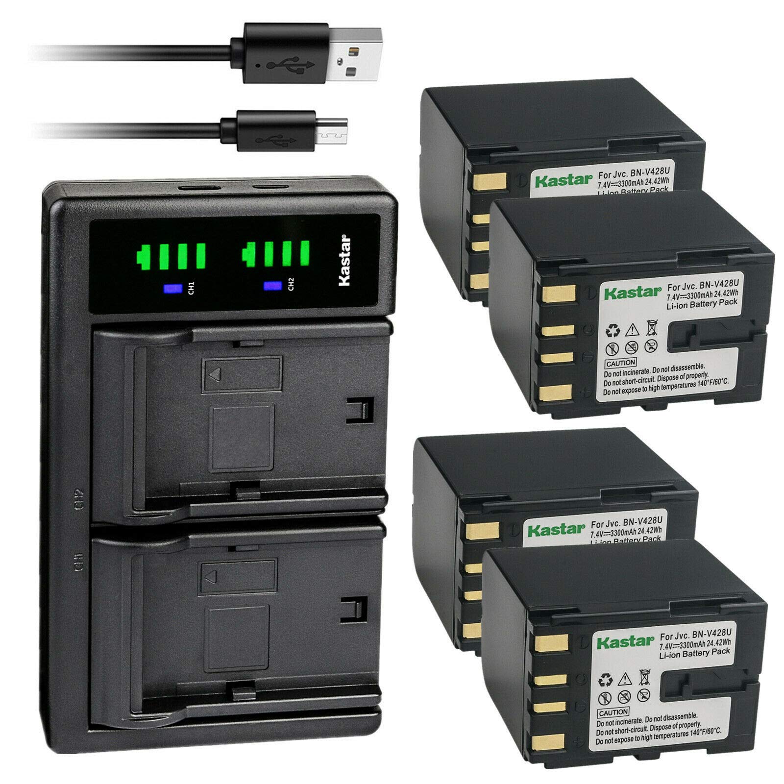 Kastar 4-Pack BN-V428 Battery and LTD2 USB Charger Replacement for JVC GR-DVL505, GR-DVL507, GR-DVL510, GR-DVL512, GR-DVL515, GR-DVL517, GR-DVL520, GR-DVL522, GR-DVL525, GR-DVL555, GR-DVL557
