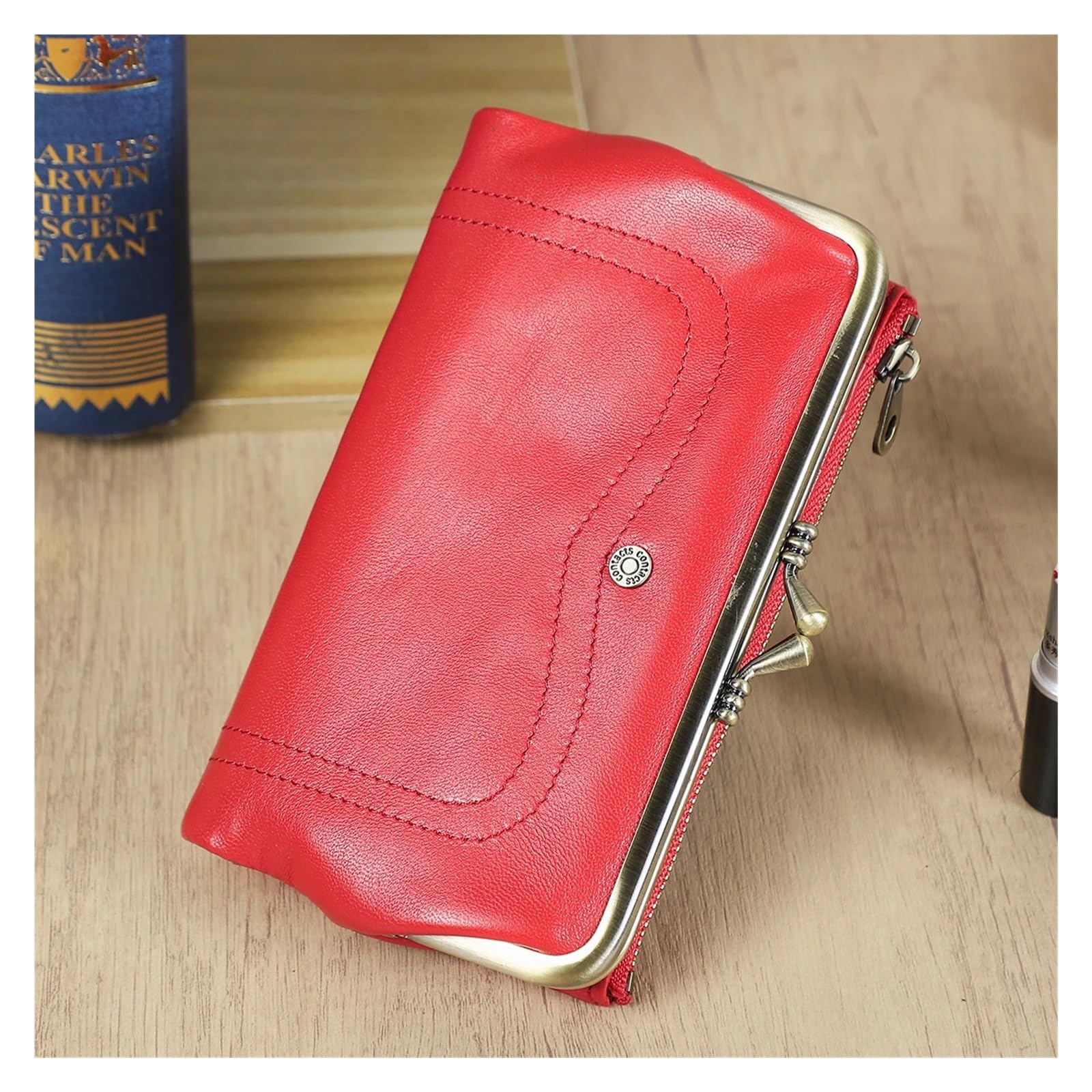 Portafogli lunghi in vera pelle Kiss Lock for donna Portamonete con portamonete con struttura in metallo Portamonete classico