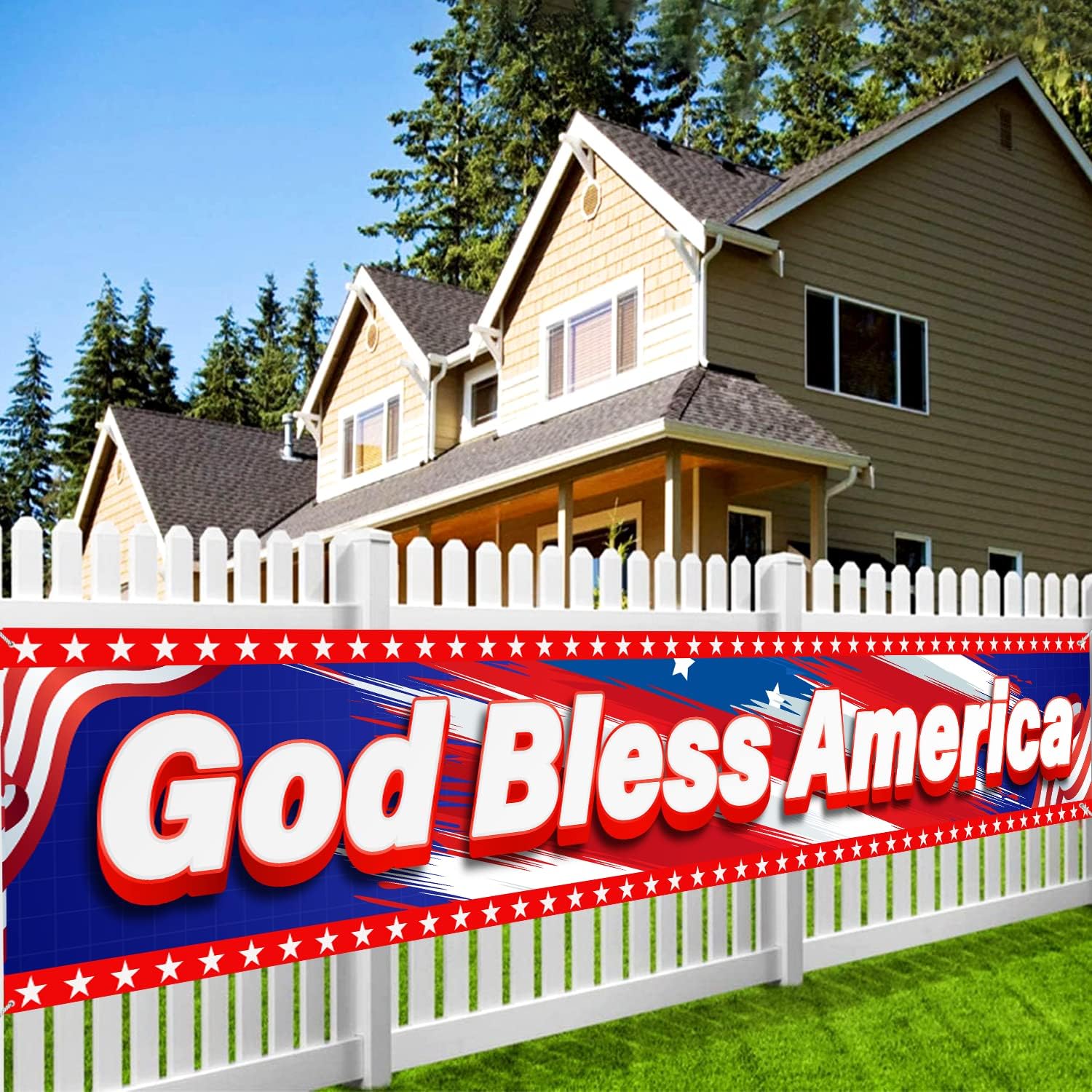 God Bless American Banner, 4th of July Decorations Outdoor National Independence Day Banner, Memorial Day Decorations Supply Hanging Decor for Home Indoor Outdoor