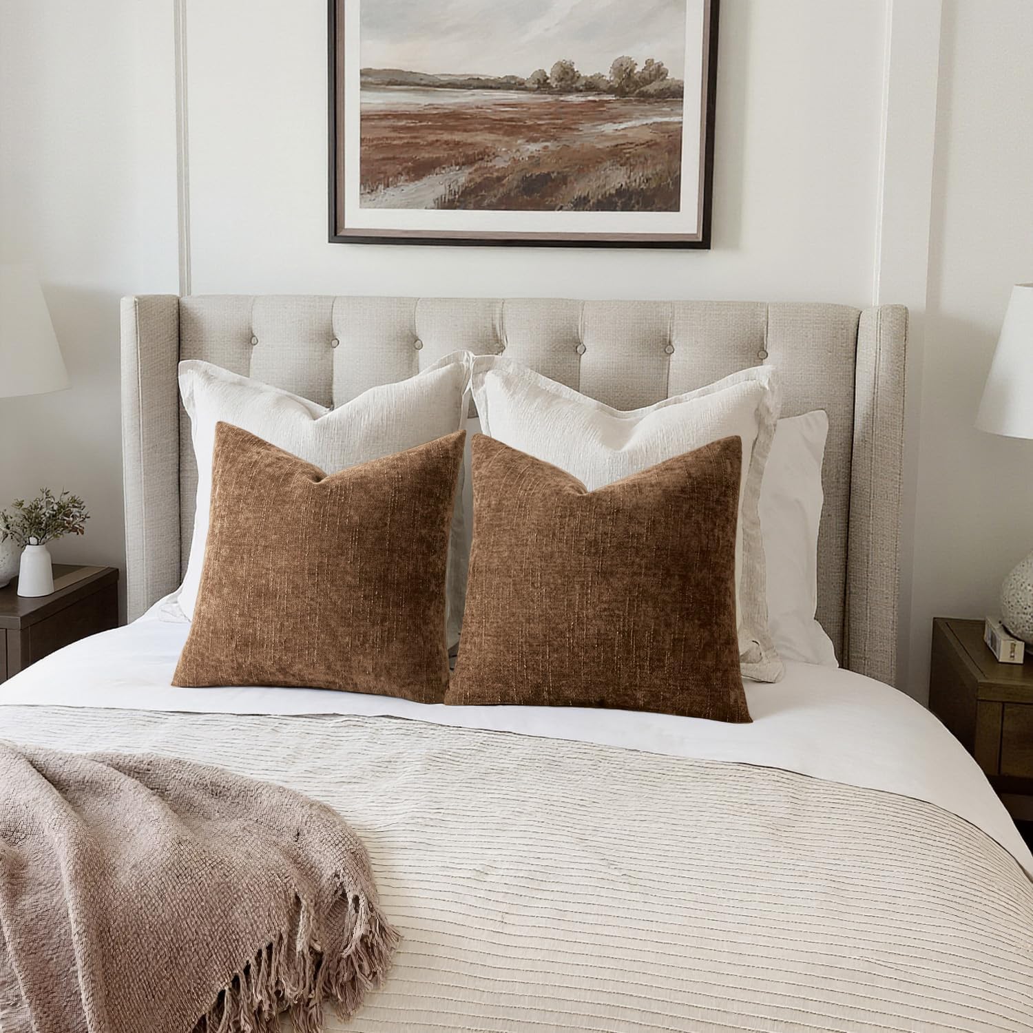 MIULEE Pack of 2 Decorative Throw Pillow Covers Soft Chenille Throw Pillows Solid Neutral Farmhouse Textured Cushion Covers for Couch Sofa Bedroom Living Room 22x22 Inch,Honey Brown