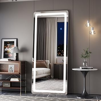 71"x28" Full Length Mirror with LED Lights, Dimmable Lighted Floor Mirror with 3 Color Lighting & Touch Control, Standing Wall Mounted Full Body Mirror, Tempered Glass for Bedroom, White