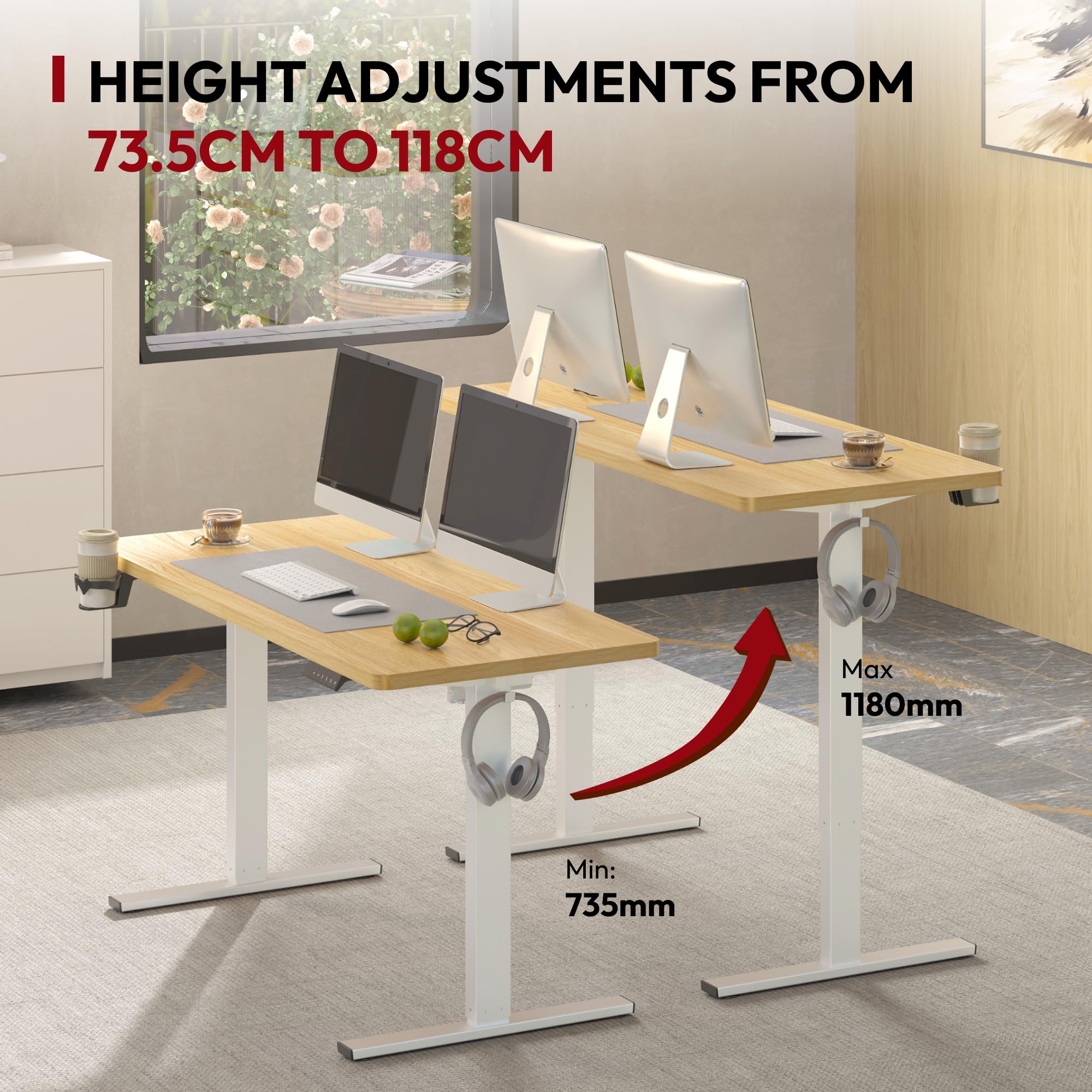 SANODESK Bureau Assis Debout Électrique Plateau Complet, Bureau Debout Réglable en Hauteur avec Système Anti-Collision,110x54cm,Fonction Mémoire 4 Hauteurs, Passe-câbles et Boîte de Rangement, Érable