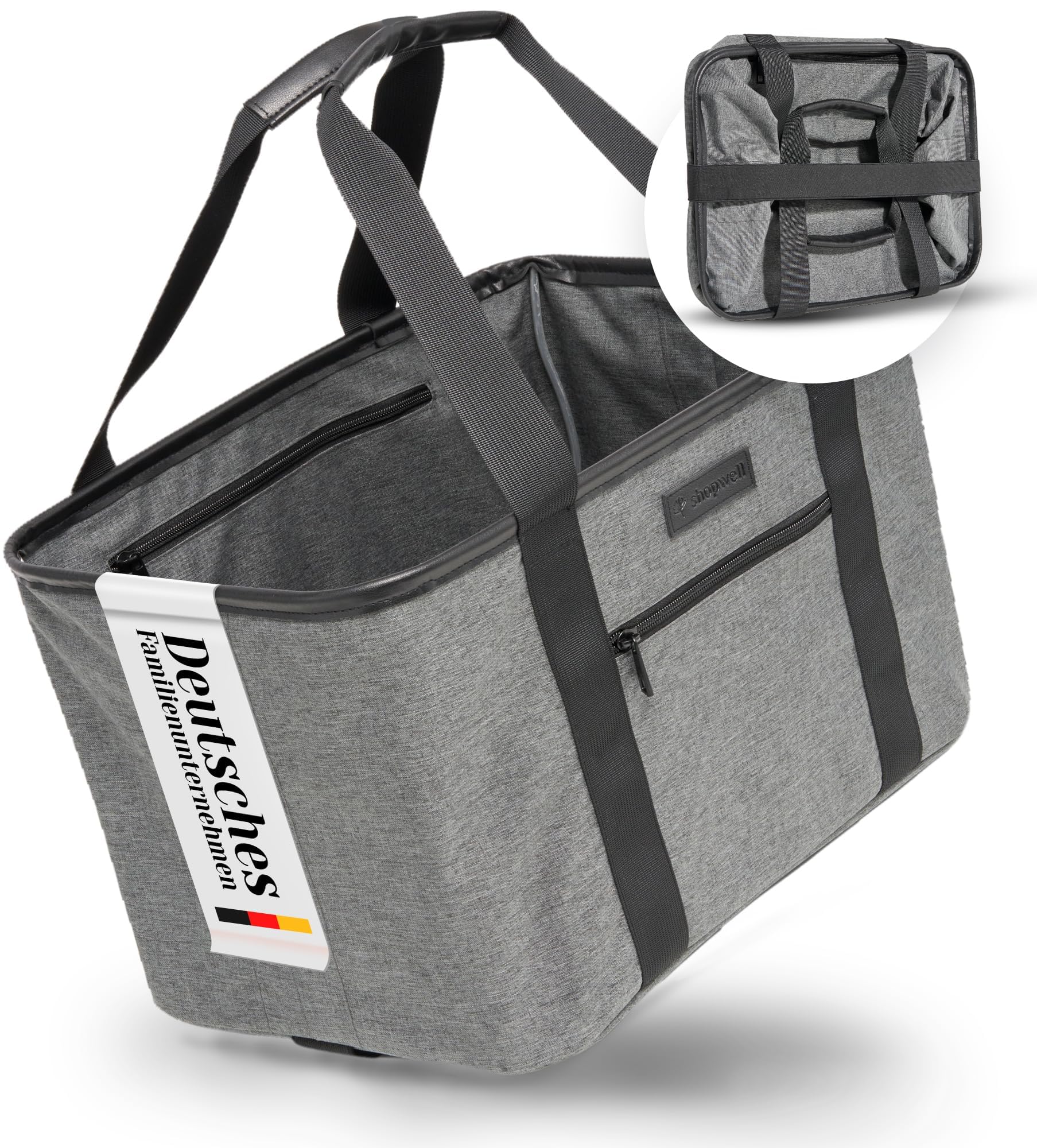 Cesta de la compra plegable, 30 litros, cesta plegable para compras y almacenamiento, cesta de la compra plegable para toda la familia, estable y segura (gris/negro)
