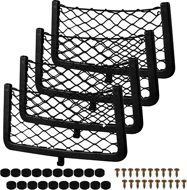 FRIUSATE 4 Pack Storage Net, Elastic Car Storage Mesh Bag, Campervan Storage Nets with Hook & Screws, Seat Back Pocket for Car Caravan Motorhome Boat