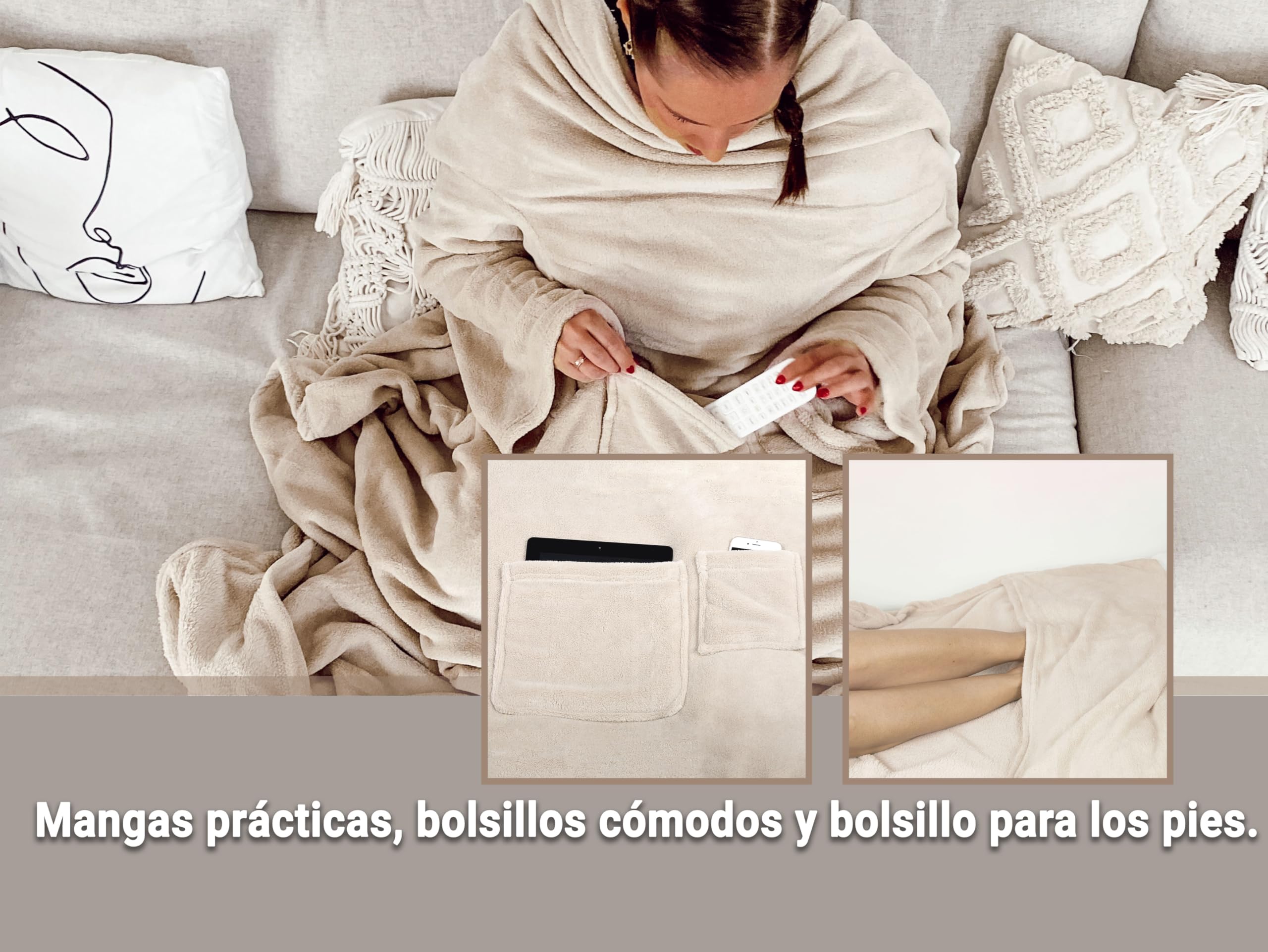 ZOLLNER Manta con Mangas: Manta para sofá Muy acogedora y cálida, Color Beige, 170 x 200 cm, con Bolsillos, Lavable a 95 °C, Calidad hotelera, certificación Oeko Tex®