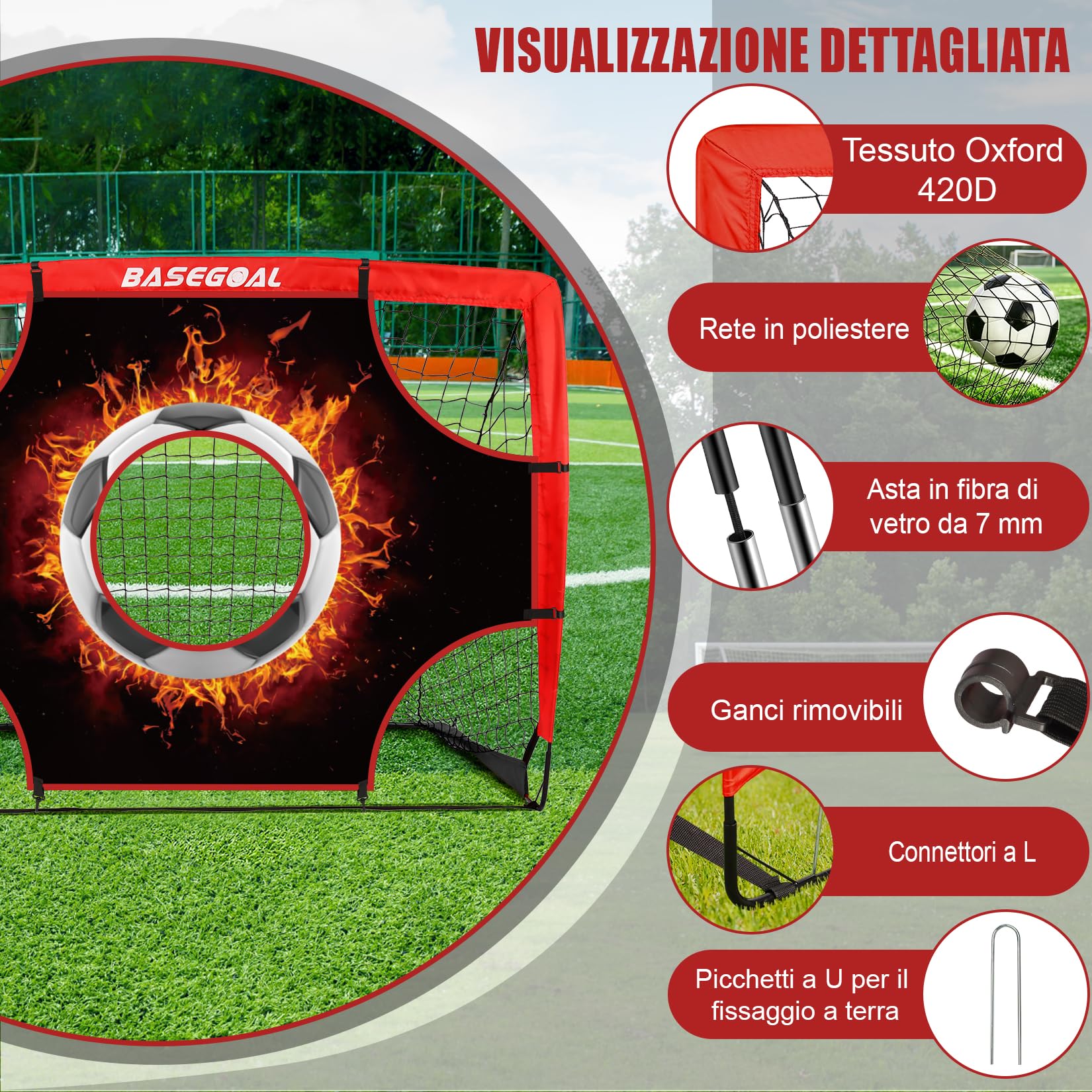 BaseGoal 3-in-1 Porta da Calcio da Giardino con Completo per Allenamento | Porte da Calcio con Rete, Panno Bersaglio, Bullseye e Disco Marcatore, Adatto Come Un Regalo per Gli Appassionati di Calcio