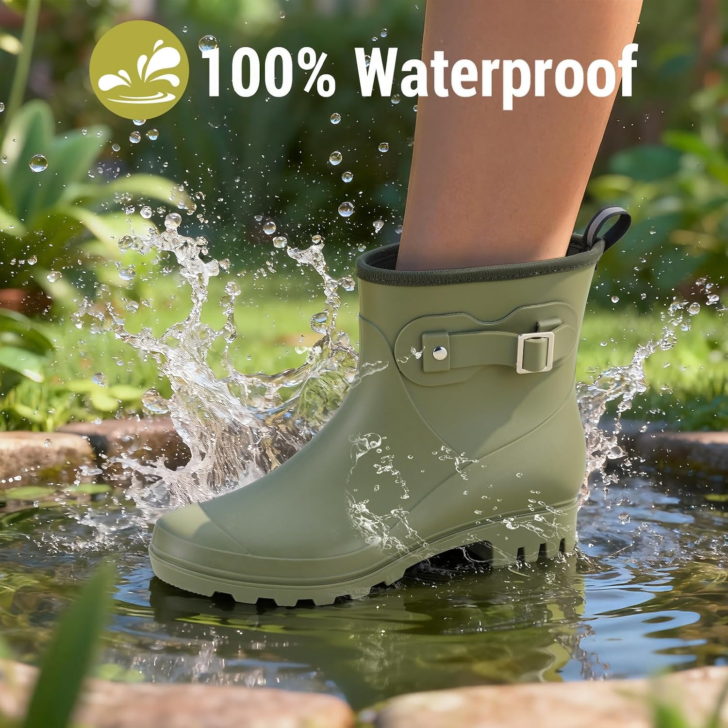 Women's Short Rain Boots Waterproof, Chelsea Ankle Rain Shoes Rubber Garden Boot for Ladies - Image 3