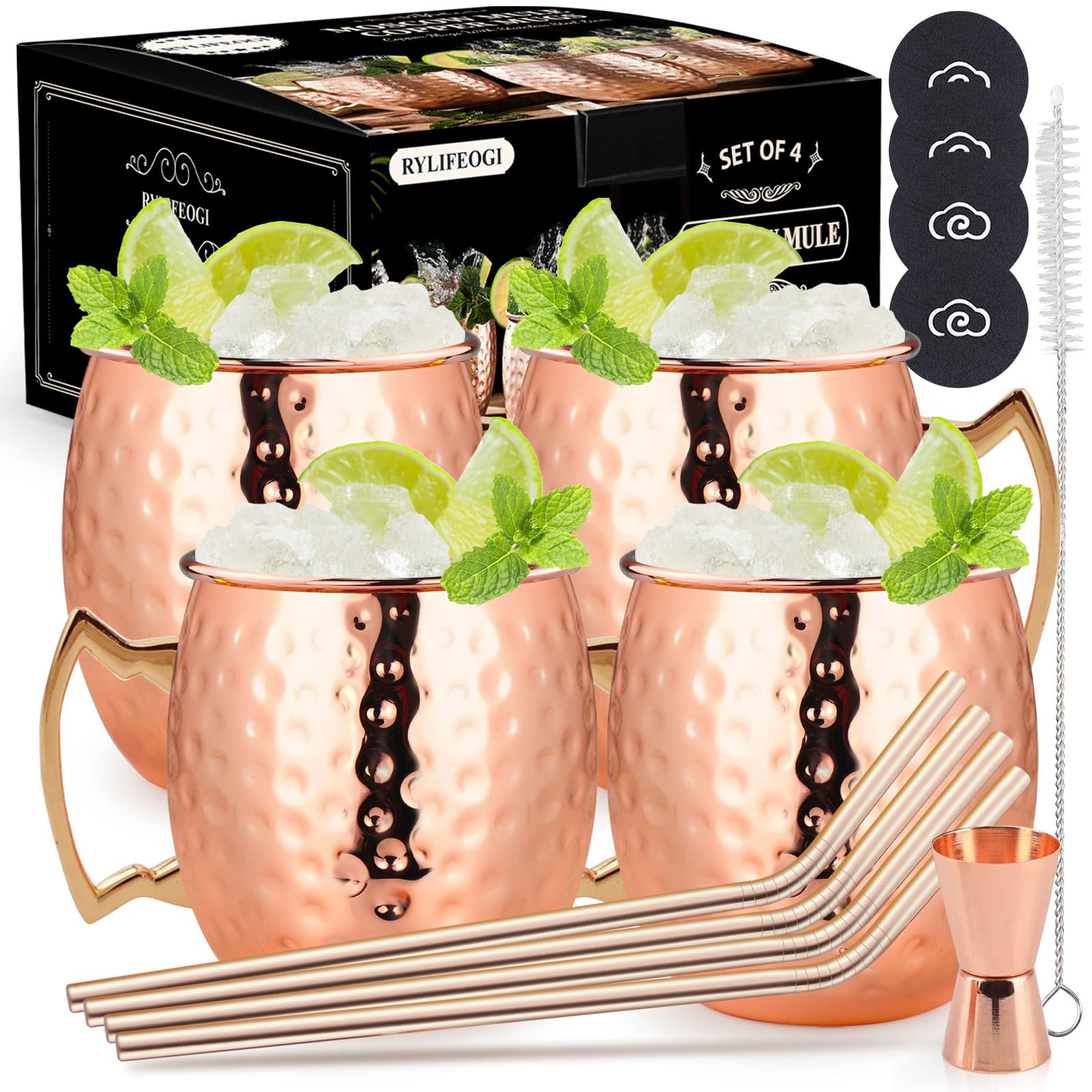 Verre Moscow Mule 4 Pièces, 19oz Tasse Cuivre avec Pailles Jigger Cadeau Set pour Bar, Fête (4)