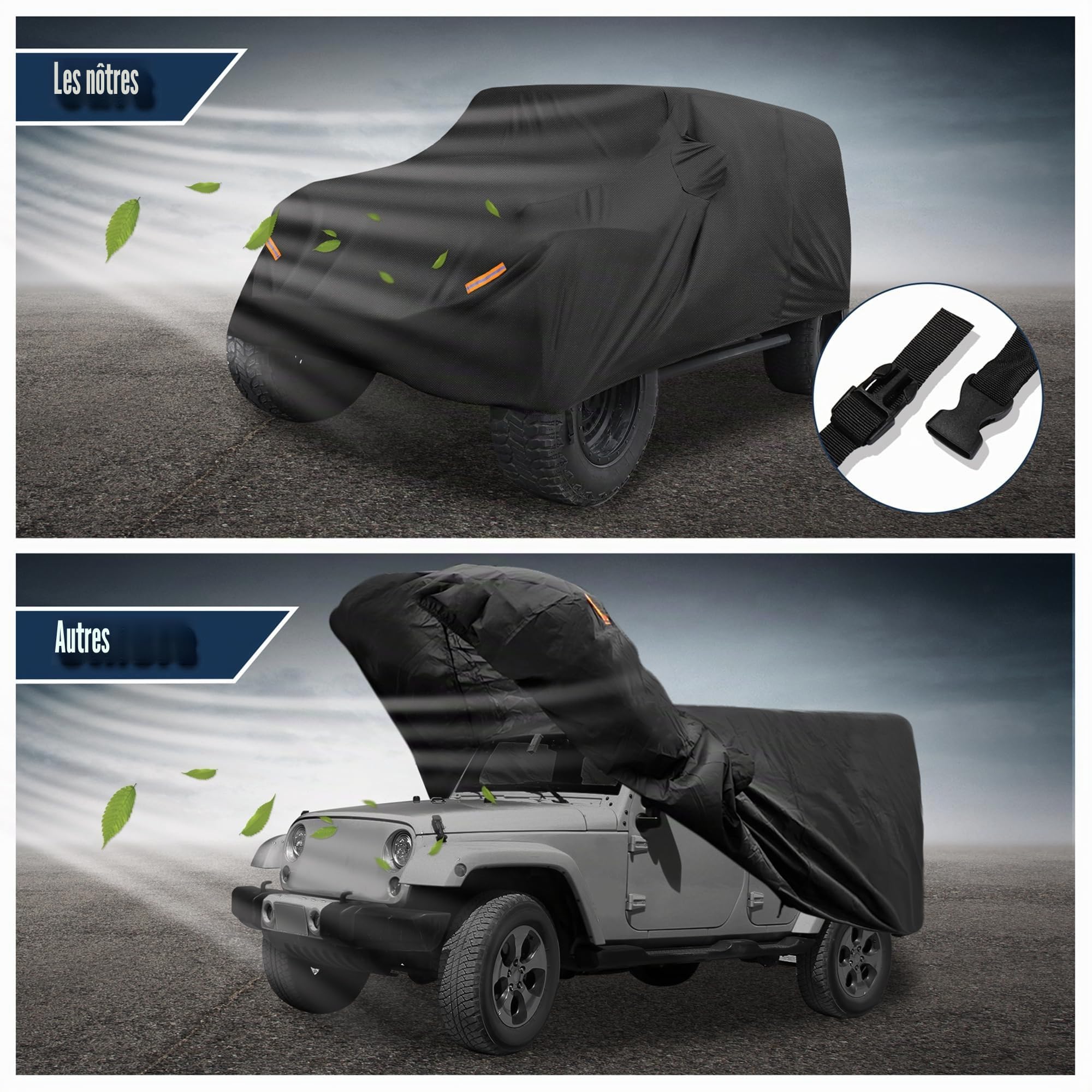 X AUTOHAUX Housse de voiture pour Jeep Wrangler JK JL YJ TJ 4 portes 2007-2023 - Étanche contre le soleil, la pluie, la poussière, le vent, la neige - Avec fermeture éclair pour porte conducteur, noir