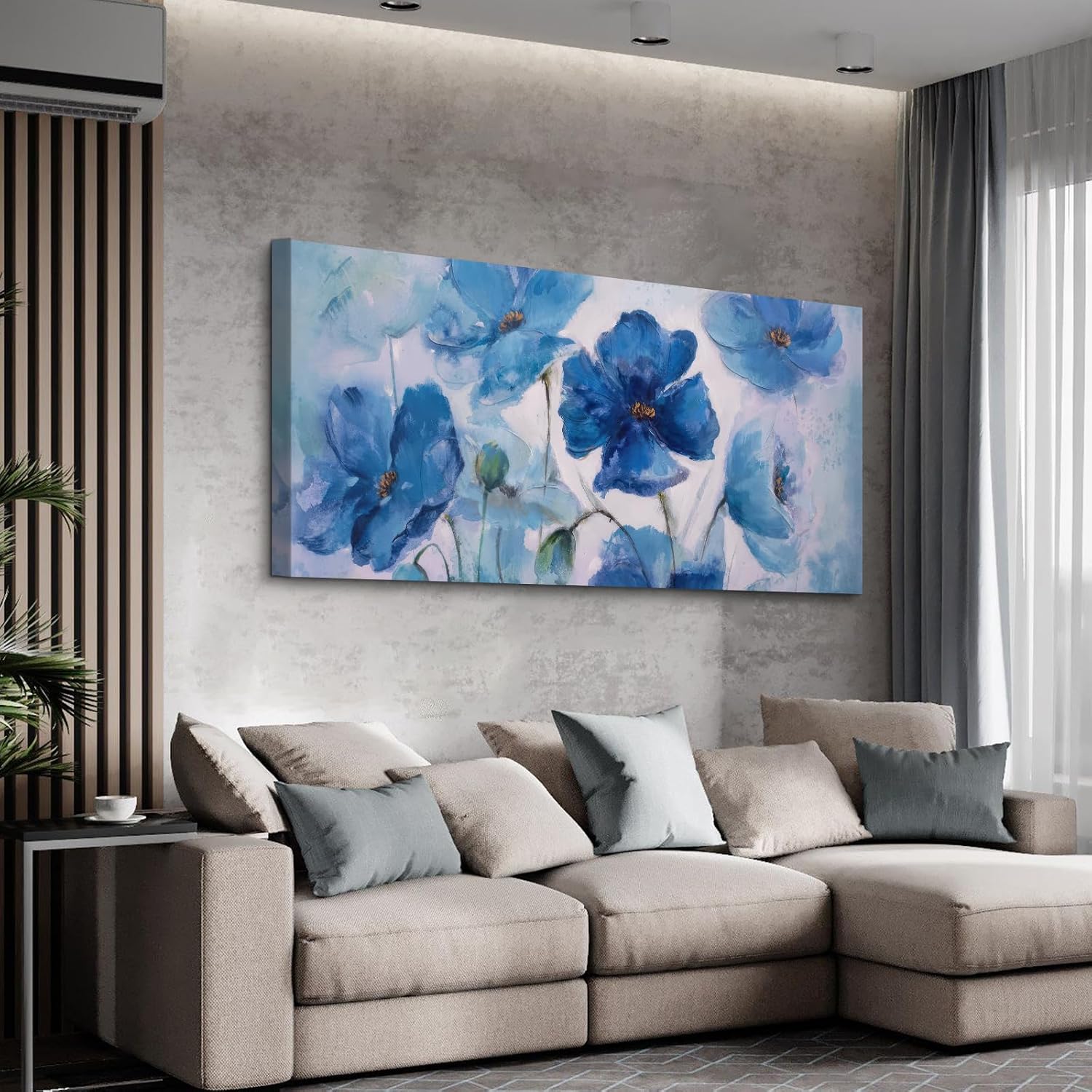 Craftline - Abstract Blue Floral Botanical Canvas Wall Art, Rustic Vintage Flowers Wildflower Field Prints Framed Artwork for Home Decor 32x16inch