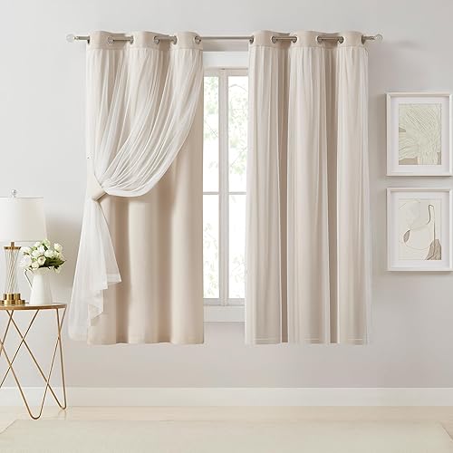 Bujasso Cortinas beige 90% opacas con superposición transparente, mezcla y combina con paneles de ventana de doble capa con aislamiento térmico de