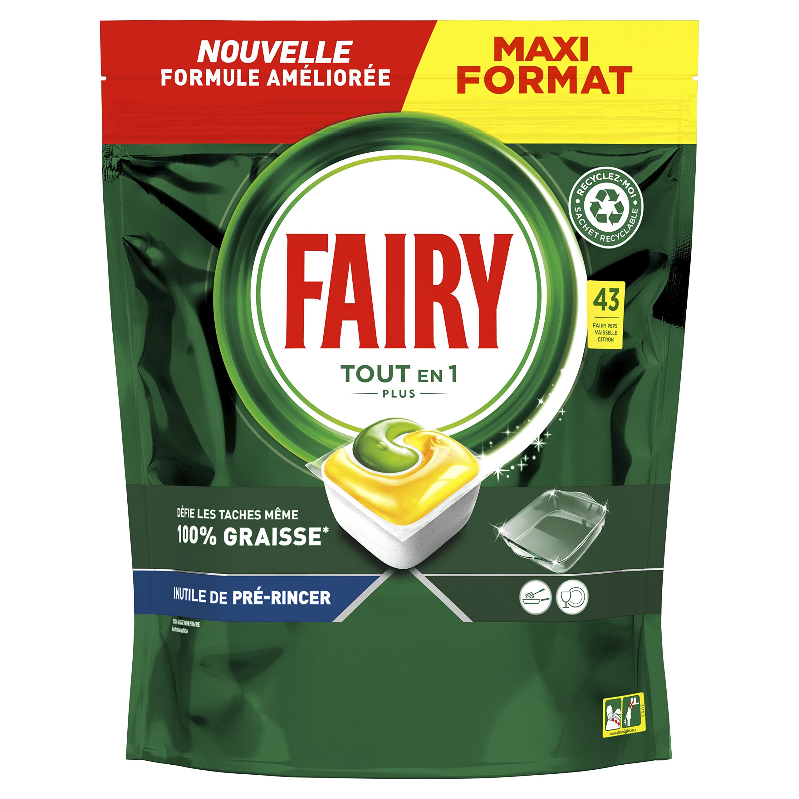 Fairy Original Tablettes Lave-vaisselle All In One, Citron, 43 Capsules, Efficaces Même Sur La Graisse Incrustée