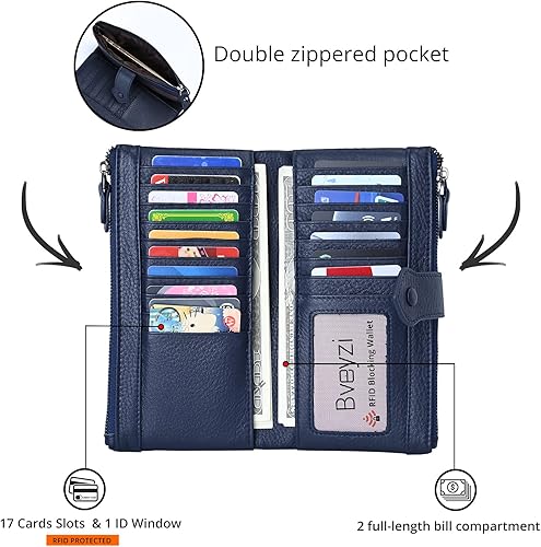 Miniatura 2 de Bveyzi Carteras delgadas de cuero suave para mujer, con bloqueo RFID, doble bolsillo con cremallera
