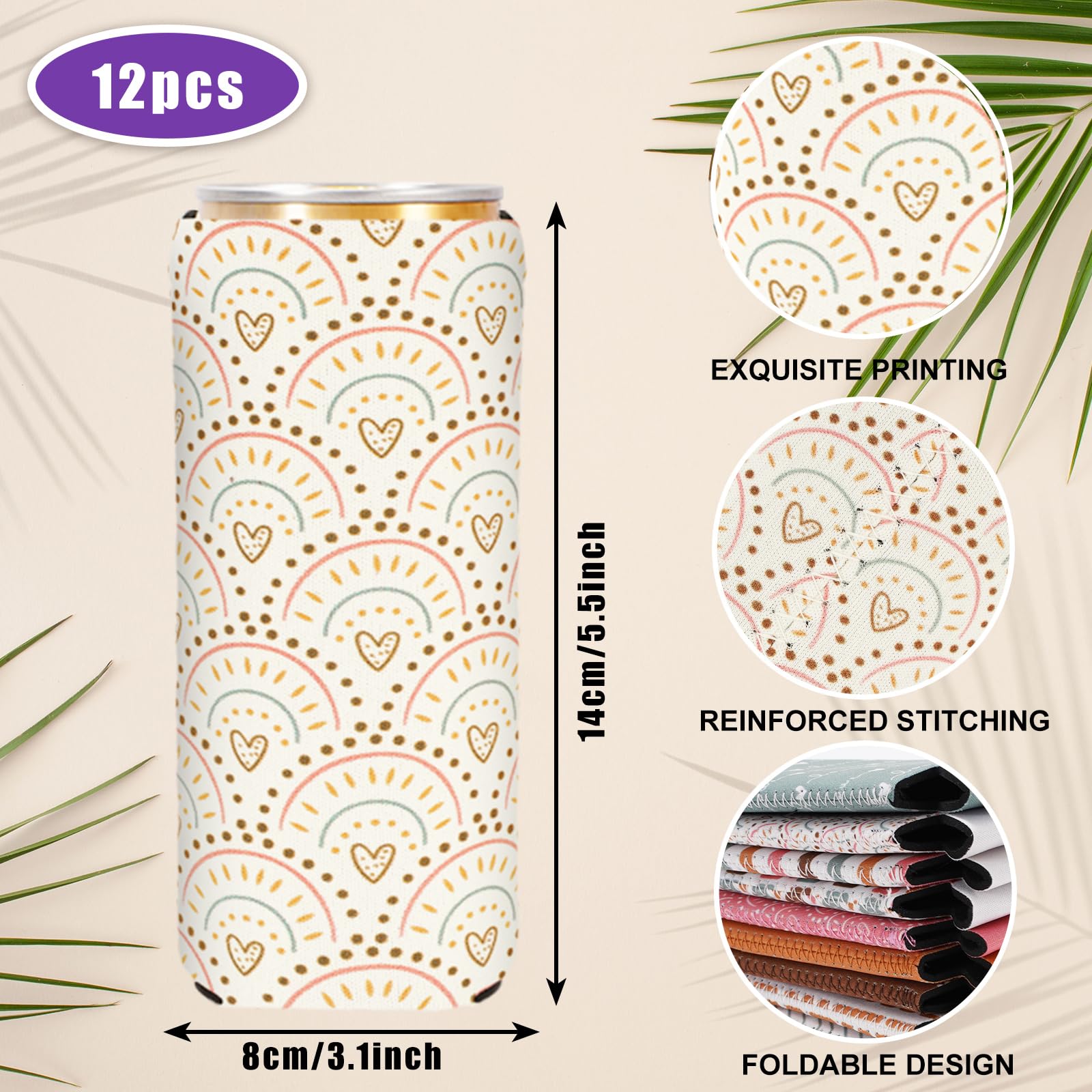 Whaline 12Pcs Slim Beer Can Sleeves 12oz Boho Can Cooler Covers Neoprene Insulated Drink Sleeves Reusable Thermocoolers for Beverage Cans Bottles Decor Party Favors