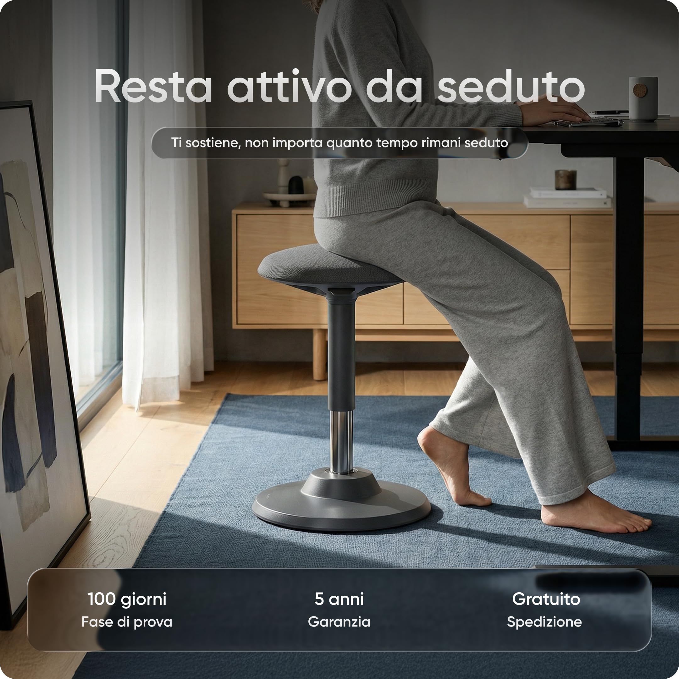 Motion - Sgabello ergonomico da ufficio e da pavimento, regolabile in altezza, con base e seduta extra large, per prevenire dolori alla schiena e al collo (grigio)