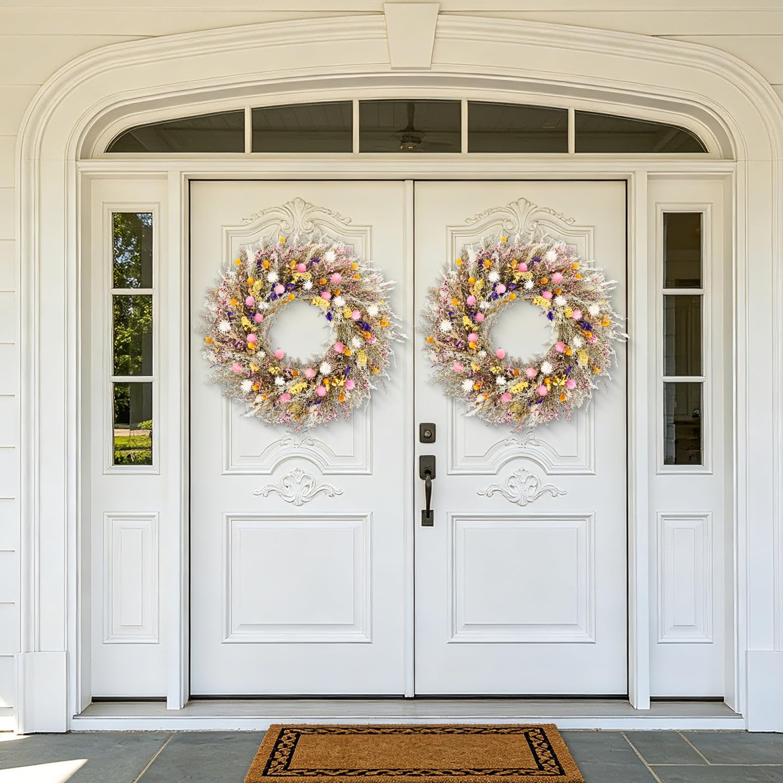 Ghirlanda di fiori conservata da 66 cm, realizzata a mano, con fiori rosa, bianchi, gialli e viola, decorazione rustica in stile bohémien, per porta d'ingresso, parete e matrimonio
