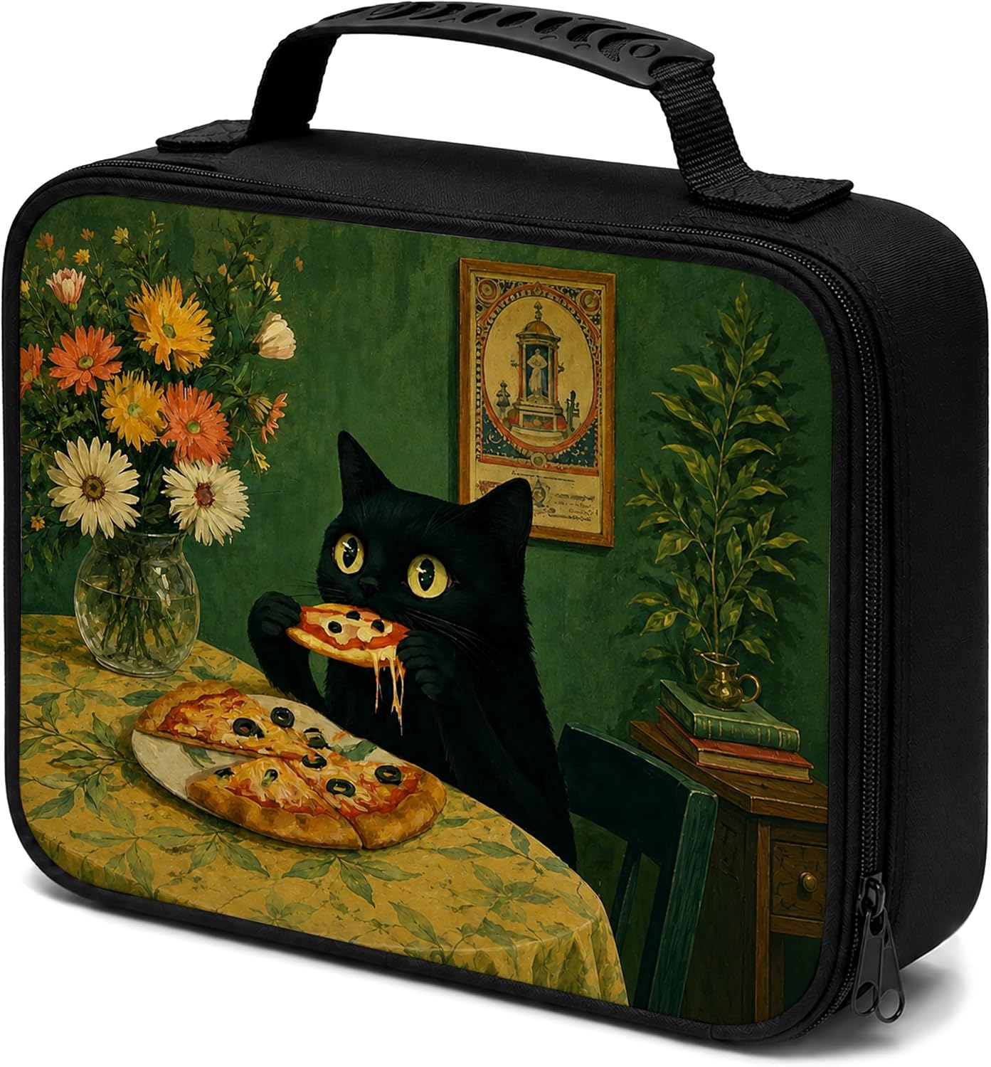 Black Cat Eating Pizza Lunch Box Tote Kit Bag