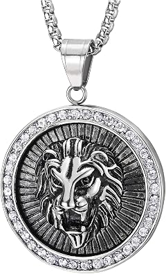COOLSTEELANDBEYOND Men Steel Stripes Lion Head Circle Medal Pendant Necklace with Cubic Zirconia, Silver Black