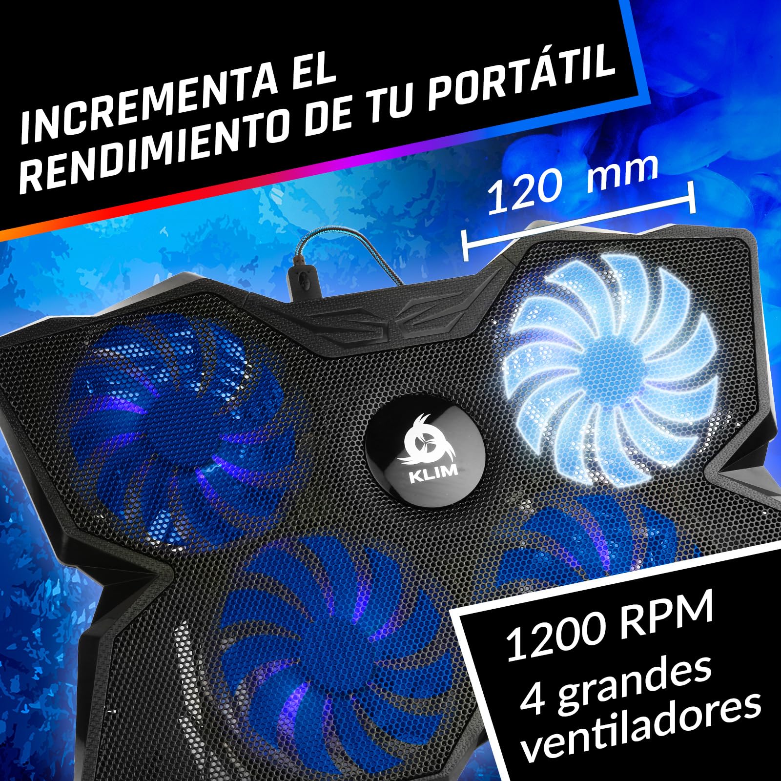 KLIM Wind - Base Refrigeradora Portatil - Más de 500.000 Unidades vendidas - Nuevo - La más Potente - Refrigerador Portátil de 4 Ventiladores a 1200 RPM con Soporte - PS4 PS5 - Azul