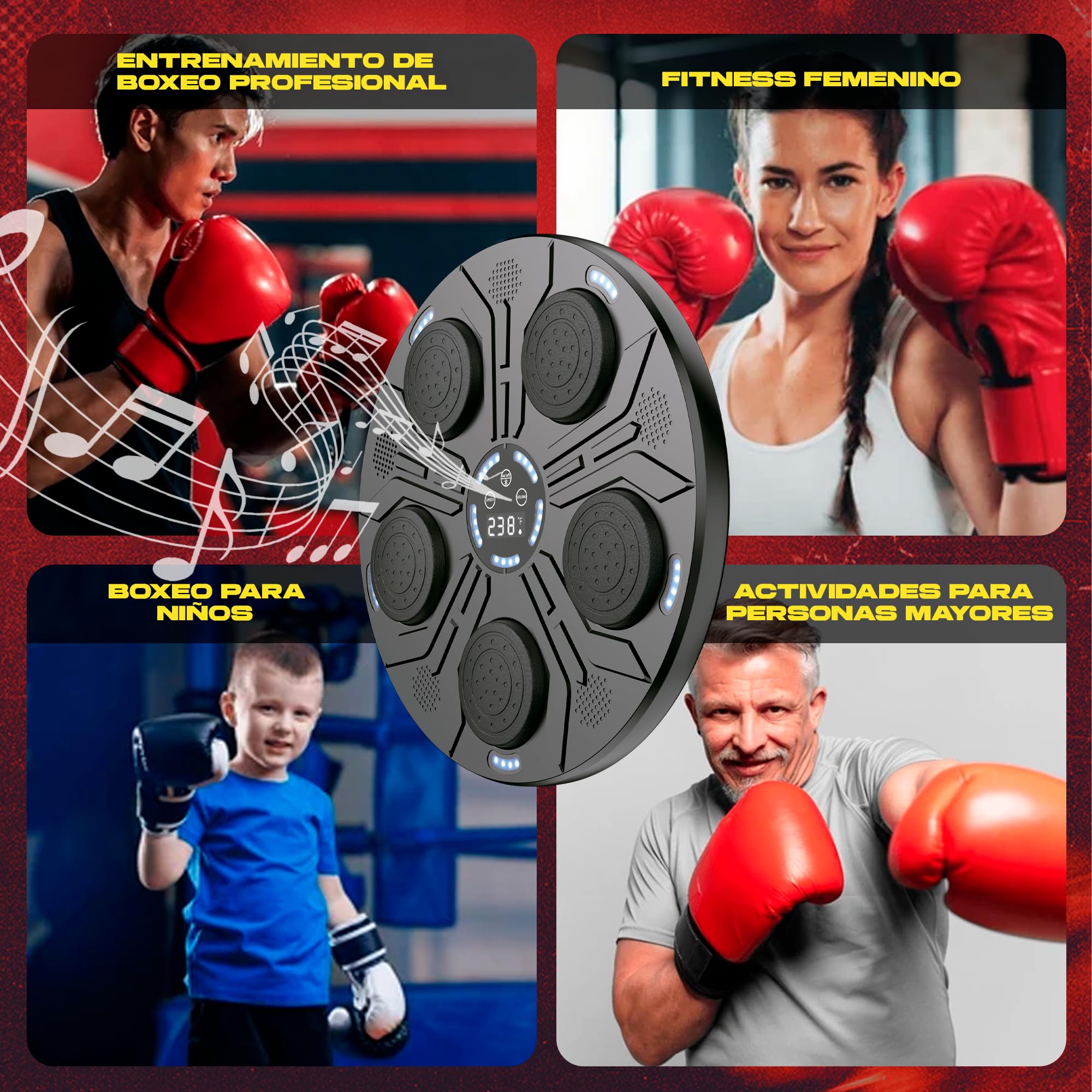 Simulador de Boxeo Inteligente | Máquina de Boxeo Musical con Guantes | Bluetooth y Pantalla LED | 9 Modos de Entrenamiento | Luces RGB | Entrena en Casa para Adultos y Niños