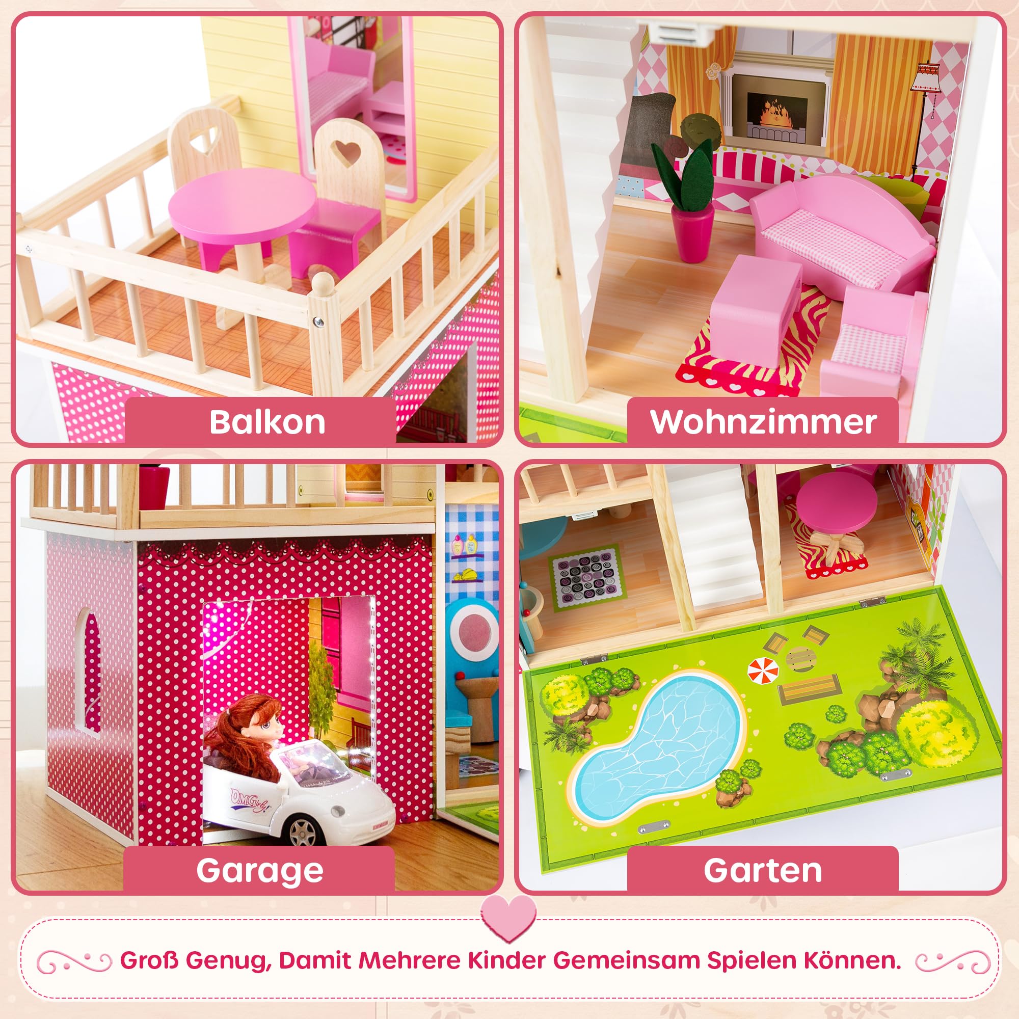 Kinderplay Puppenhaus aus Holz – Große 3‑Etagen‑Villa mit Garage & Garten – LED-Licht, 17 Möbel – Für Kinder ab 3 Jahren, Puppen bis 30 cm – 90 cm hoch