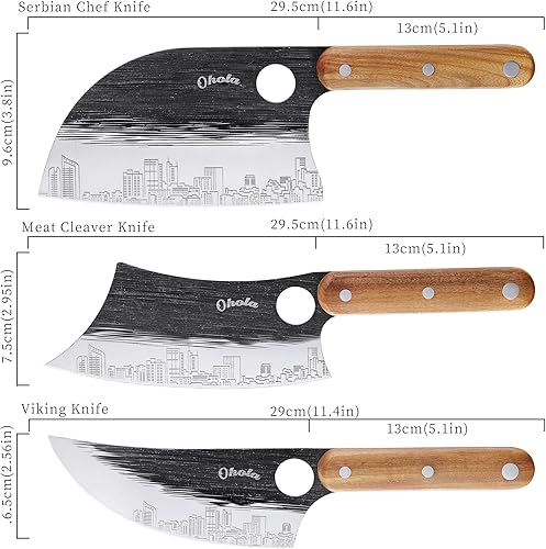 Miniatura 4 de OHOLA - Juego de 3 cuchillos de carnicero de acero inoxidable con mango de madera, cuchillo de chef serbio de 7 pulgadas, cuchillo de carnicero de 7