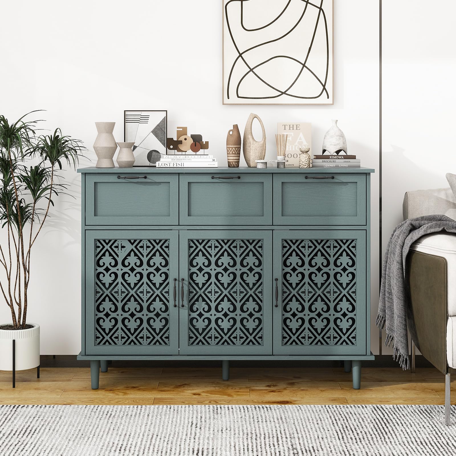 Green 3 Doors 3 Drawers Buffet Sideboard Cabinet - Accent Cabinet with Adjustable Shelves，47 Inch Wide Wood Storage Cabinets for Dining Room,Living