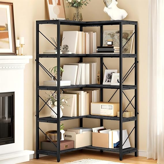 DWVO Corner Bookshelf, 5-Tier L-Shaped Bookshelf Storage Organizer, Tall Corner Bookcase Open Display Freestanding Storage Rack for Living Room, Home Office, Grey