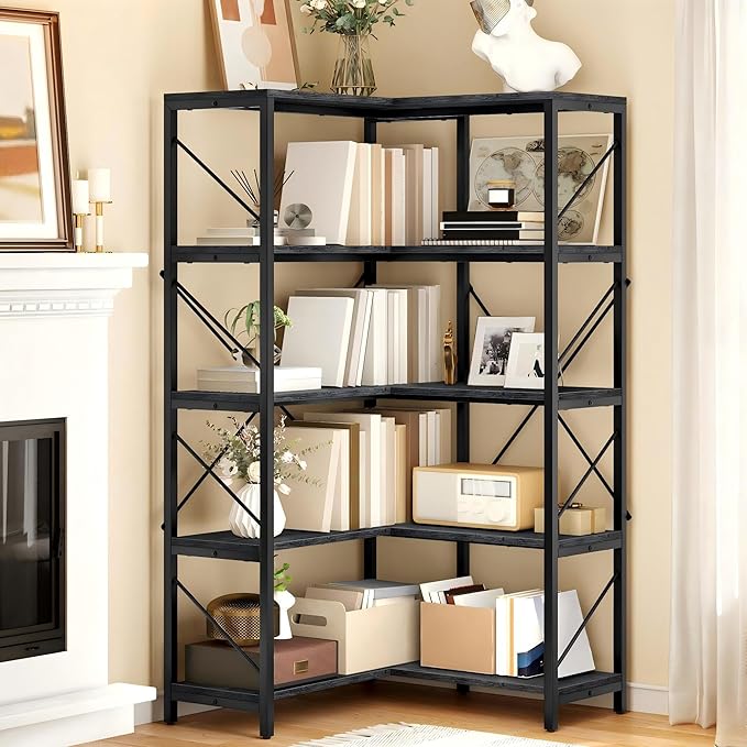 DWVO Corner Bookshelf, 5-Tier L-Shaped Bookshelf Storage Organizer, Tall Corner Bookcase Open Display Freestanding Storage Rack for Living Room, Home Office, Grey