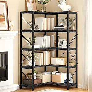 DWVO Corner Bookshelf, 5-Tier L-Shaped Bookshelf Storage Organizer, Tall Corner Bookcase Open Display Freestanding Storage Rack for Living Room, Home Office, Grey
