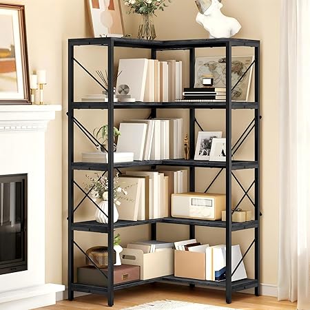 DWVO Corner Bookshelf, 5-Tier L-Shaped Bookshelf Storage Organizer, Tall Corner Bookcase Open Display Freestanding Storage Rack for Living Room, Home Office, Grey