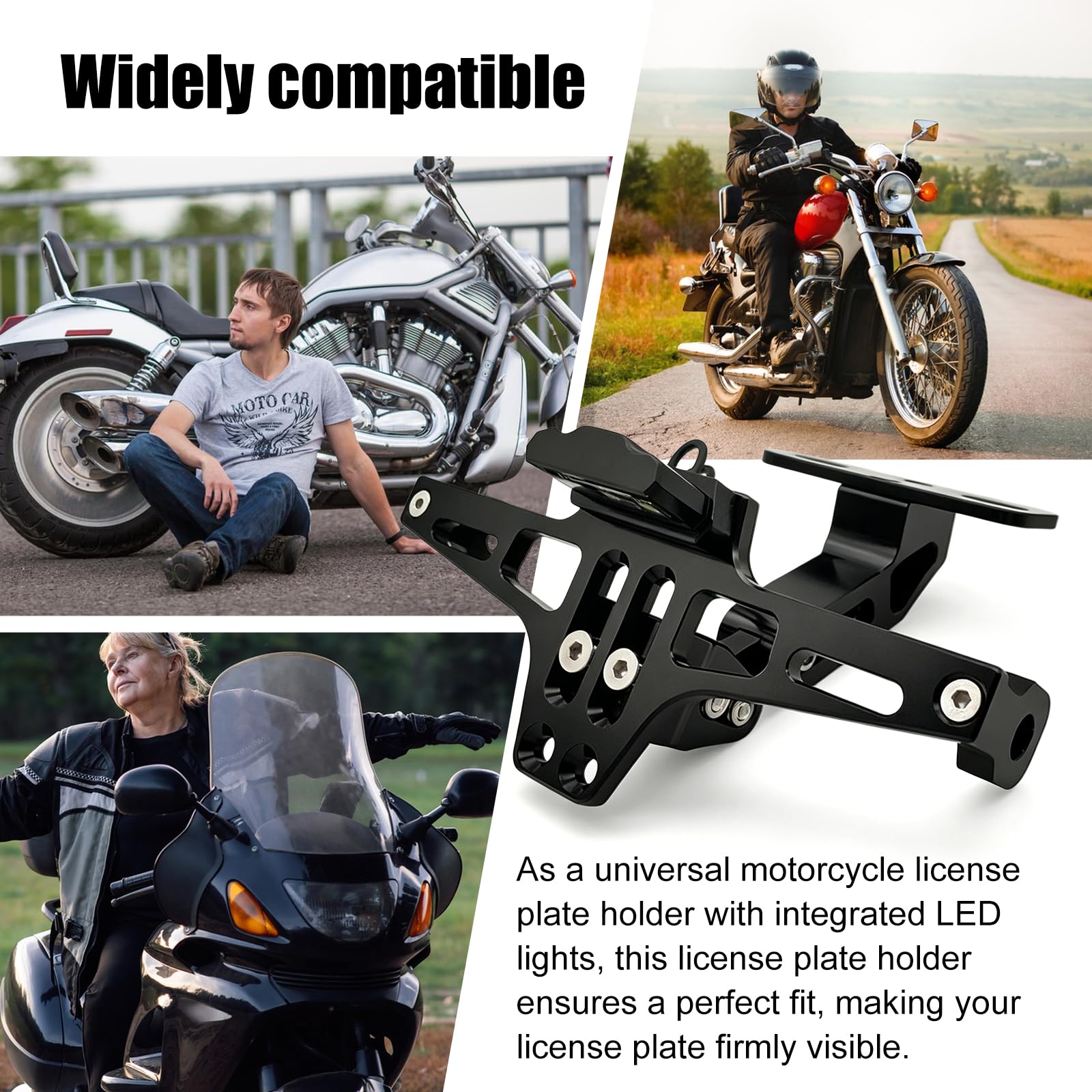 Support de Plaque Moto Réglable, Moto Support de Plaque d'Immatriculation avec Lumière sous Licence, Cadre de Plaque d'immatriculation pour Modèles Universels