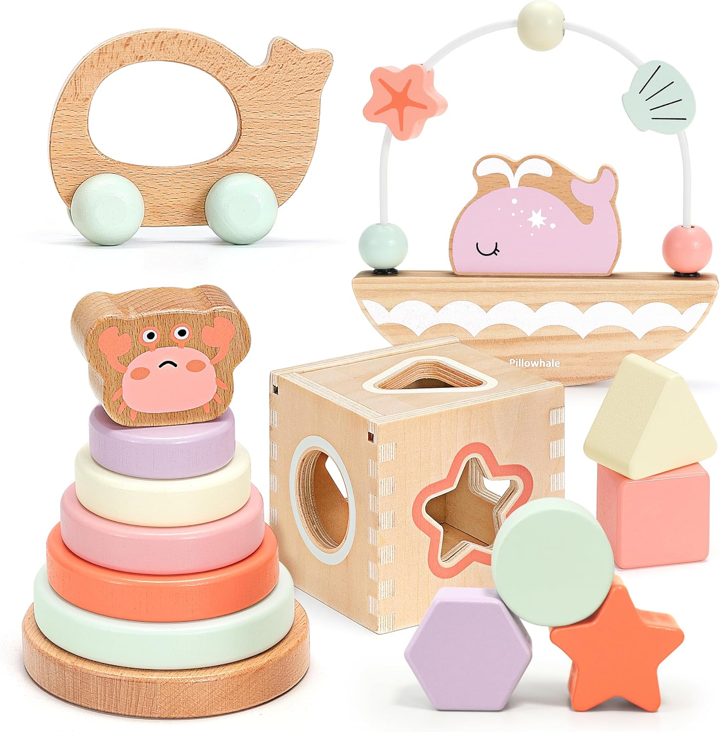 Pillowhale Montessori Wooden Toys Set for Toddlers 12M+ – 4-in-1 Educational Toy with Stacking Rings, Shape Sorter, Bead Maze & Push Car