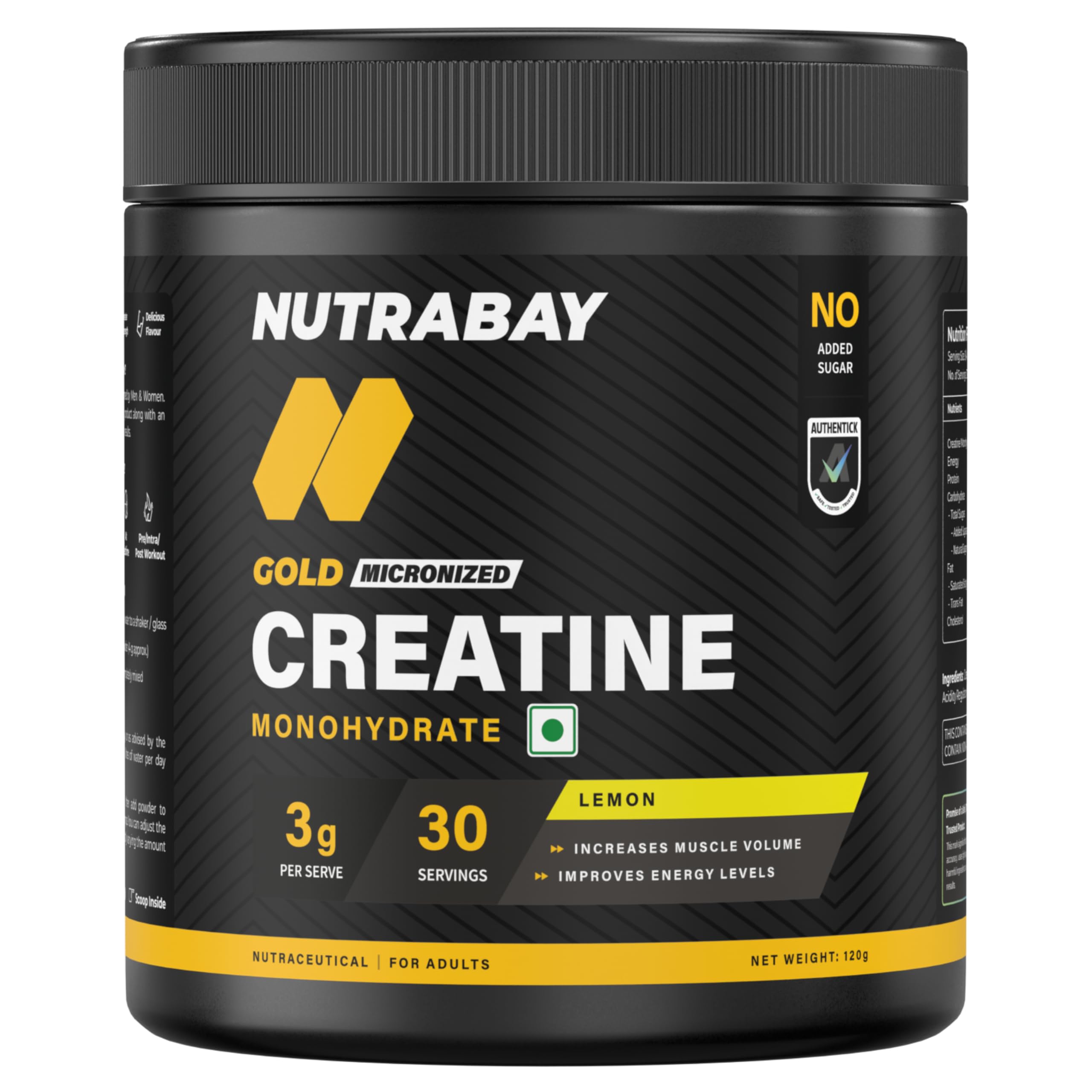 Nutrabay Gold Micronised Creatine Monohydrate Powder - 120g, Lemon | N