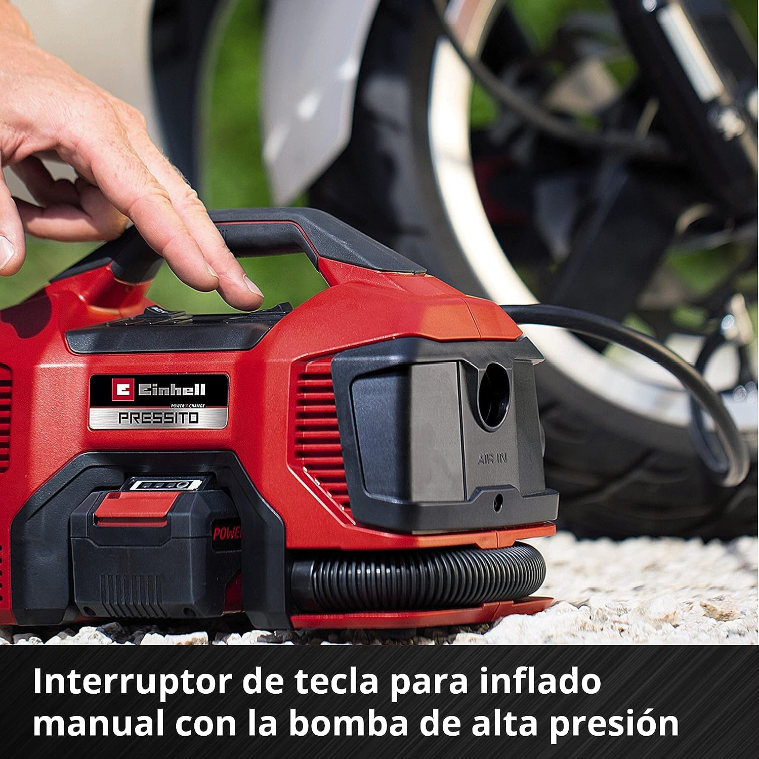 Einhell Compresor con batería PRESSITO 18/21 Power X-Change (iones de Li, 18V, bomba de alta y baja presión, indicador de presión digital, función de apagado de auto, sin batería ni cargador)