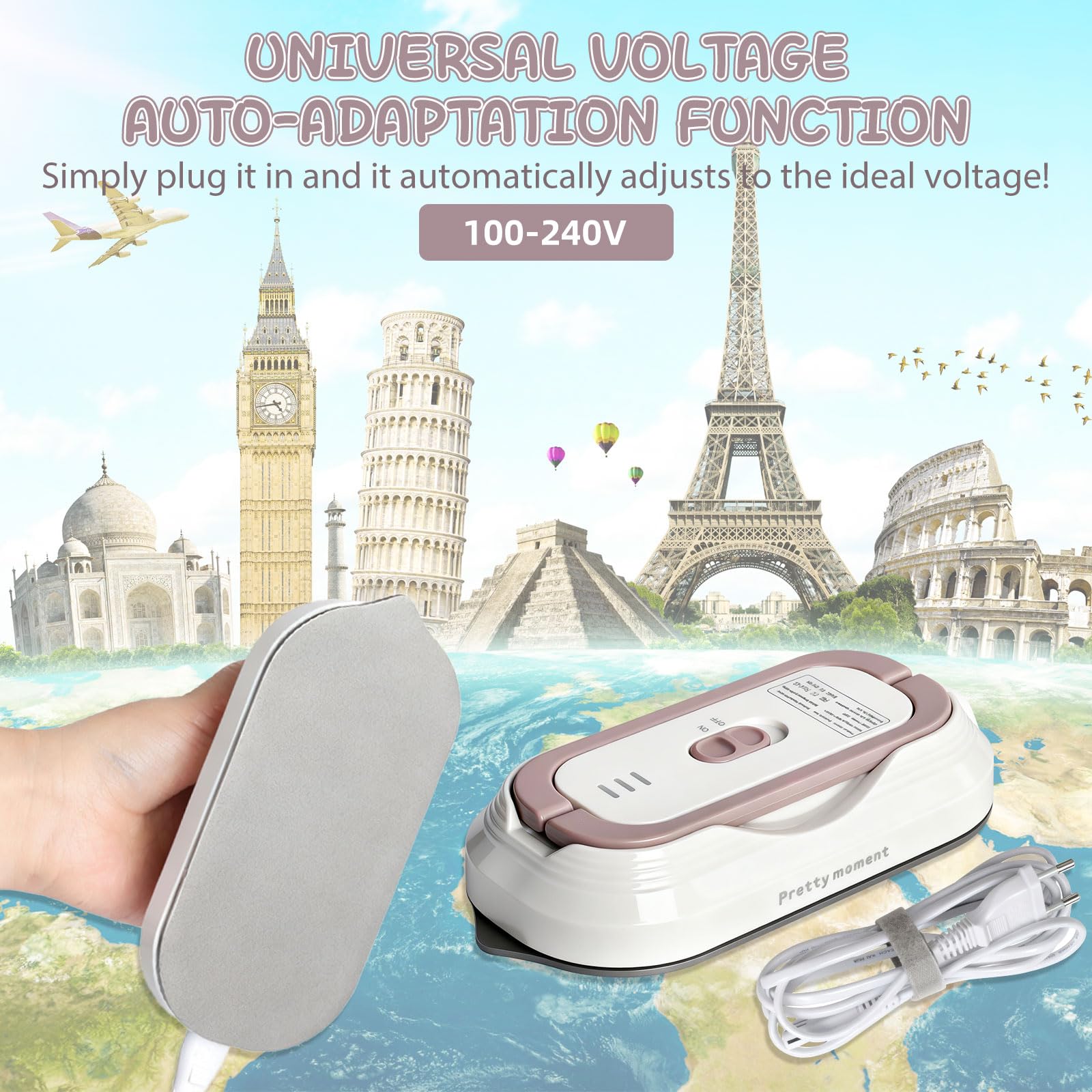 Mini Tragbares Reisebügeleisen mit Universalspannung 100-240V, Klein Bügeleisen Handgerät Kein Dampf, Keramikfläche, 150 °C Heißpress mit Sprühflasche, Beutel und Silikonständer