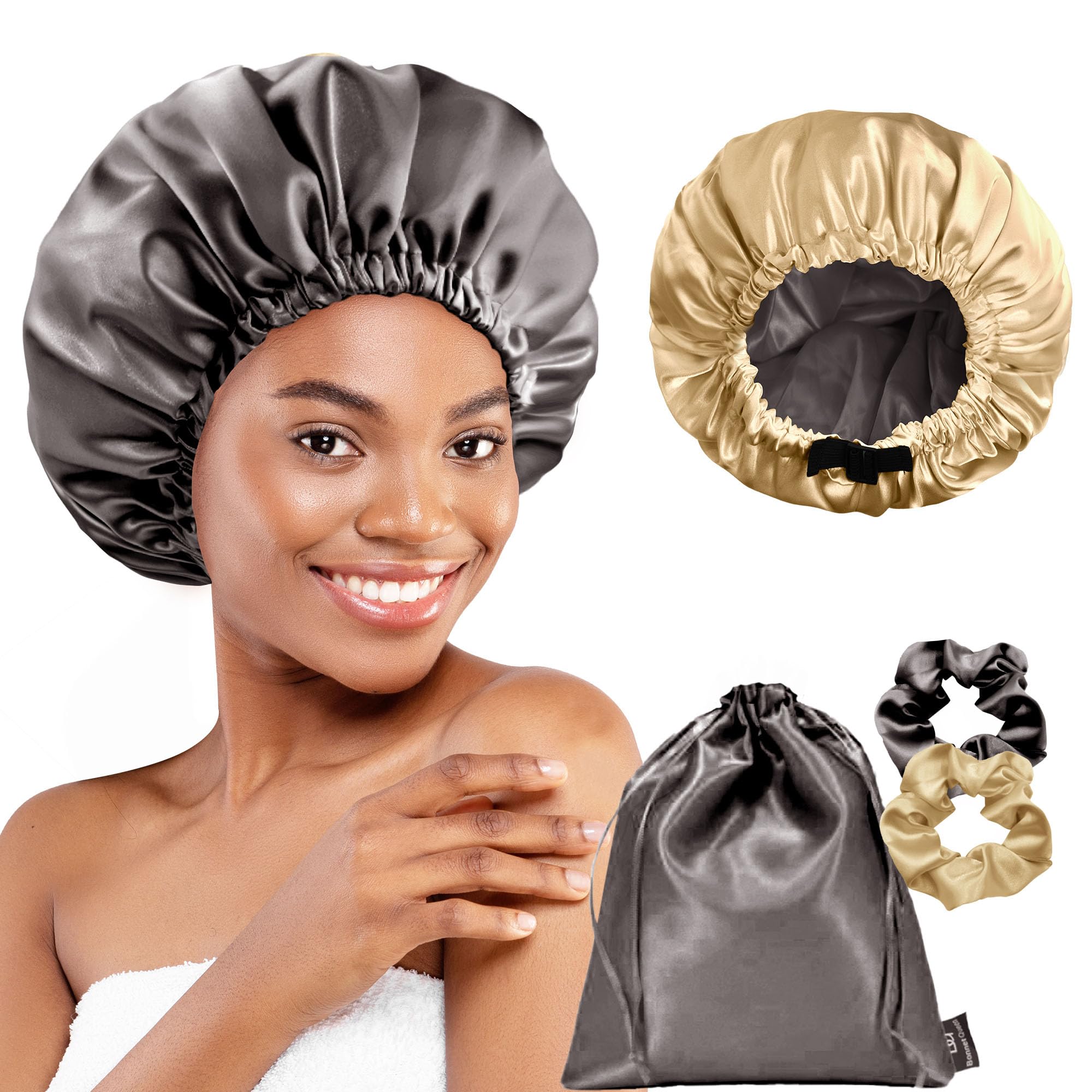 BONNET QUEEN Dual-Layer Reversible Silk Sleep Bonnet with Adjustable Elastic Band