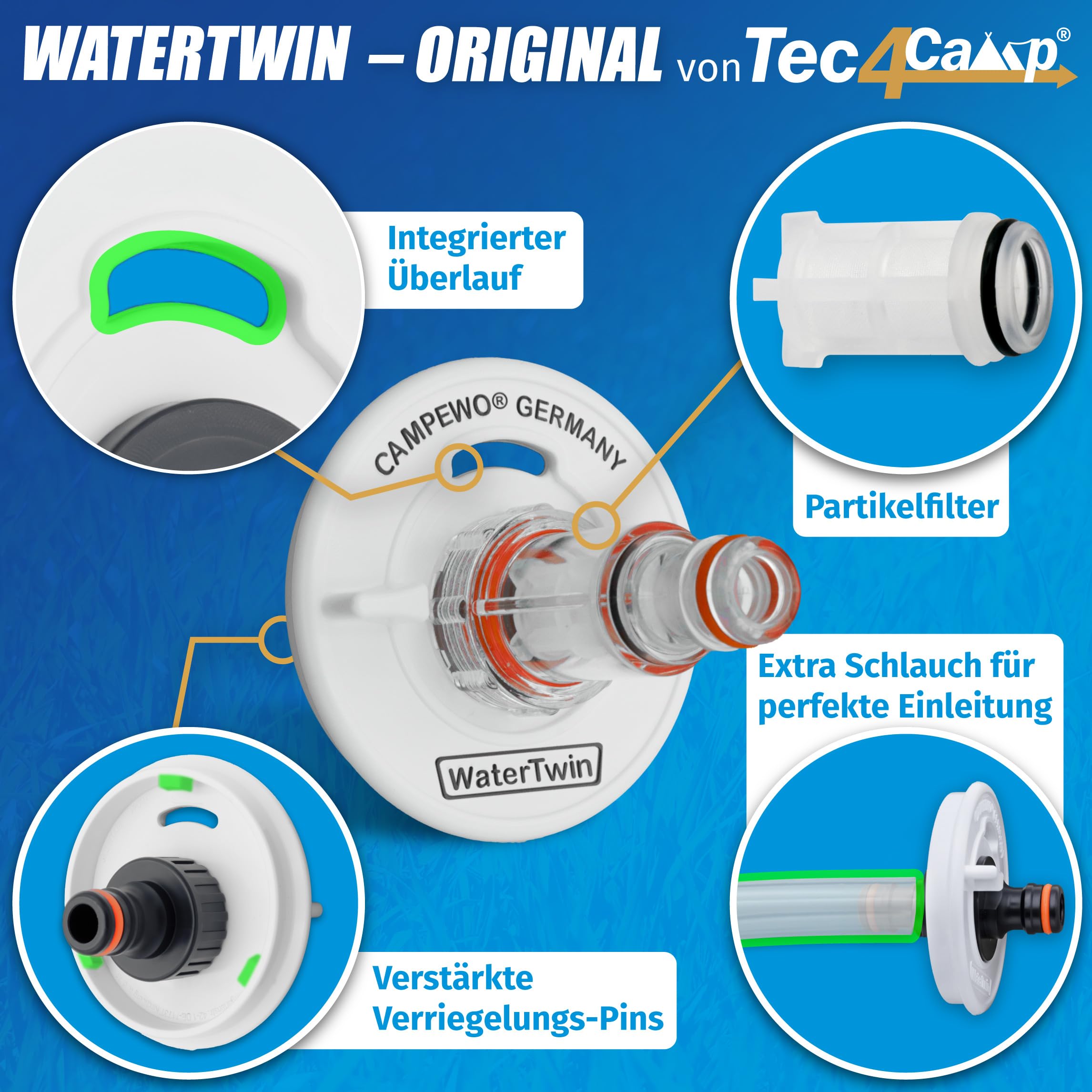 MaJoCompTec® WATERTWIN-PRO Tappo per serbatoio con attacco acqua | Adattatore con filtro per tappo del serbatoio dell'acqua 3-PIN D:78 | Bocchettone di riempimento attacco acqua | Accessorio per