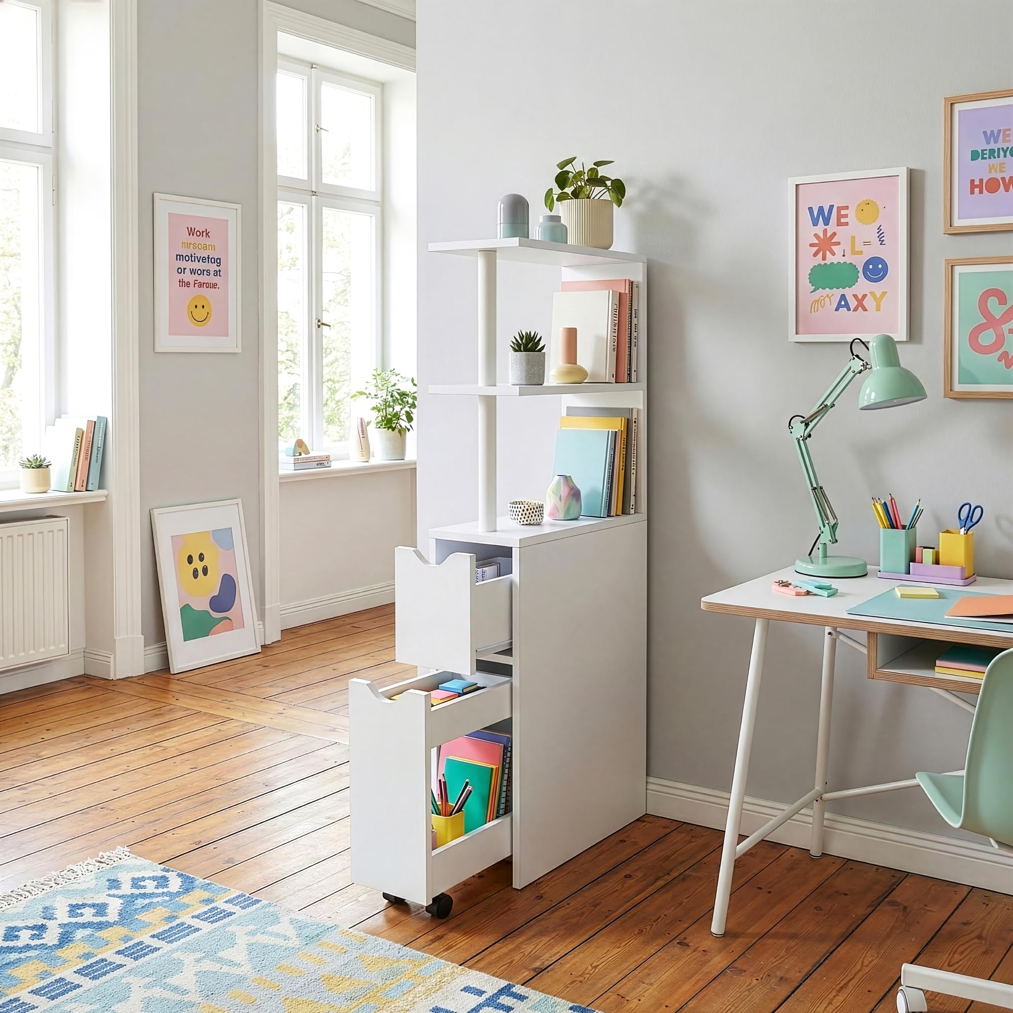 [en.casa] Scaffale da Bagno a 3 Ripiani Aperti Cassetto e Scomparto Chiuso Estraibile Mobile Contenitore Stretto con Vani Porta Oggetti per Cucina Cameretta 113 x 19 x 45 cm - Bianco
