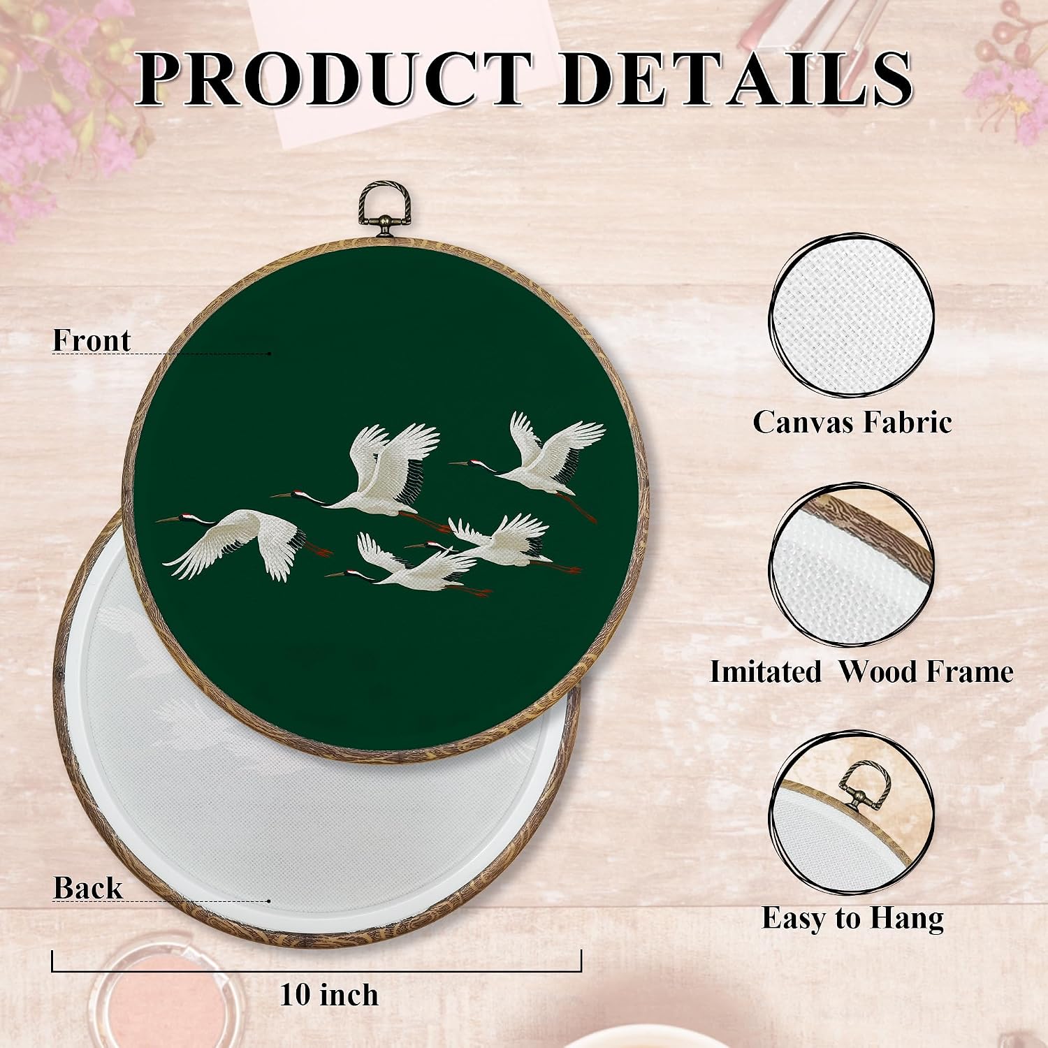 FUGWN Japanese Crane Round Wall Art Decor Framed, Japandi Canvas Artwork Prints, Dark Green Asian Oriental Japanese Crane Bird Wall Hanging Decorations for Home Bedroom Living Room, 10x10 Inch