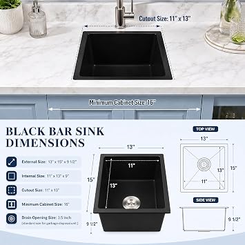 MILOSEN Black Bar Sink 1315 Inch, Undermount & Drop-In Small Kitchen Sink